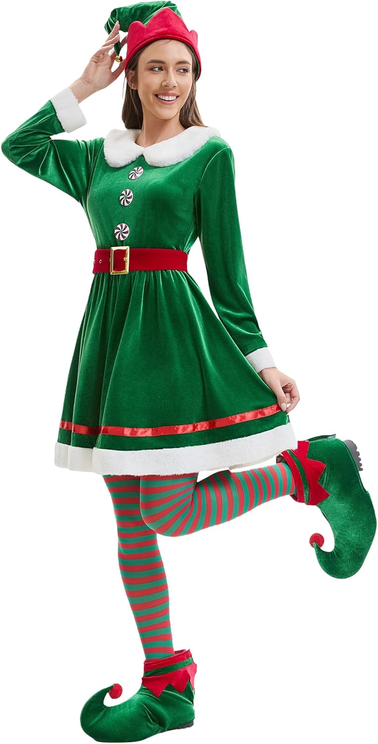 5 PCS Elf Costume for Women Christmas Outfit Adult Santa's Helper Dress for Xmax Party Holiday Halloween Cosplay Suit - Image 2