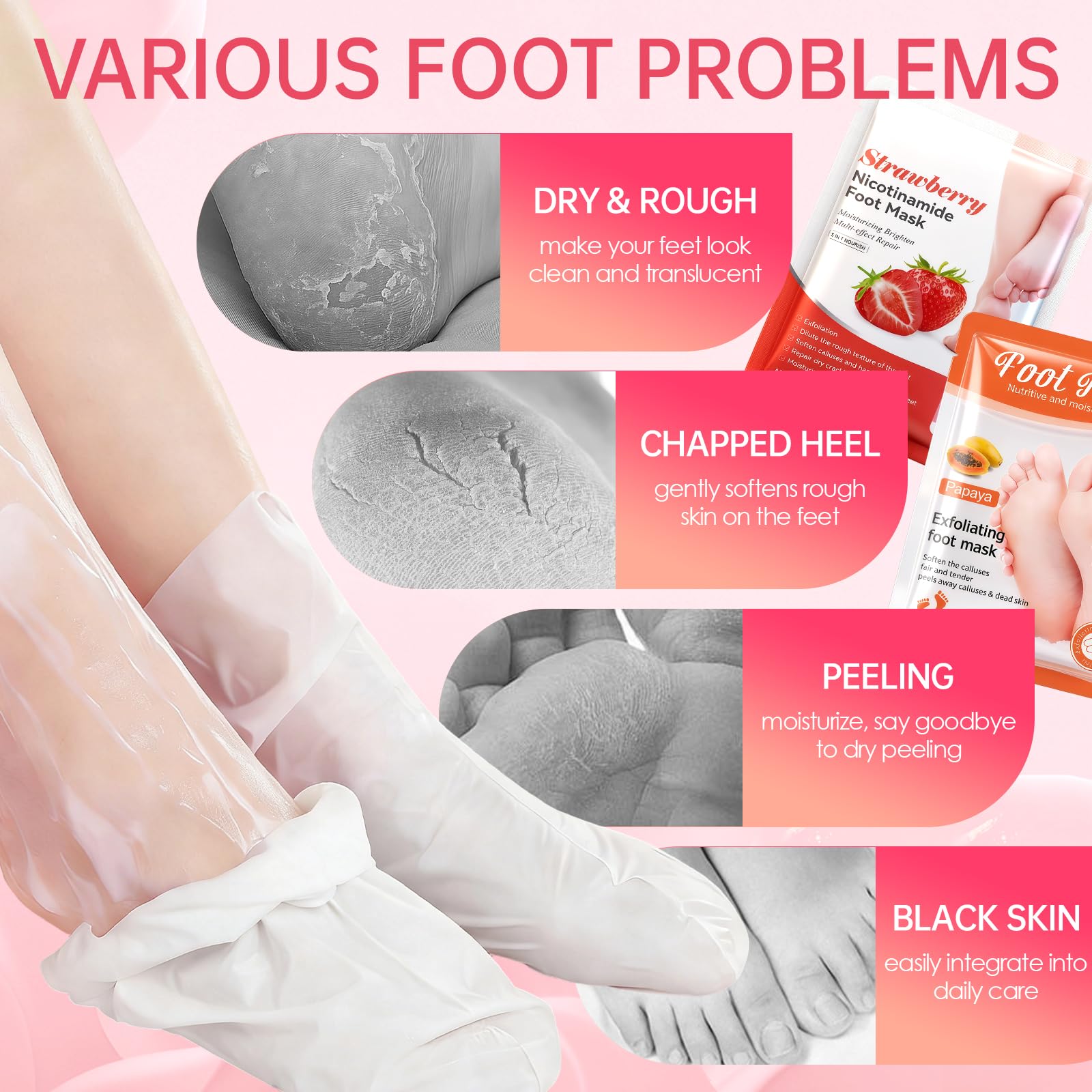 2 Paires Masque Pied Exfoliant，Masques Nourrissant pour les Pieds, Chaussette Exfoliante Pieds très Secs et Abîmés, Hydratation Profonde, pour Femmes & Hommes (Fraise+ Papaye)