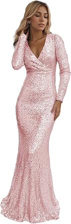 Zoghoo Sparkly Prom Dresses Long Sleeve Blush Pink Evening Dress Sequin Mermaid Formal Gowns for Women Size 6