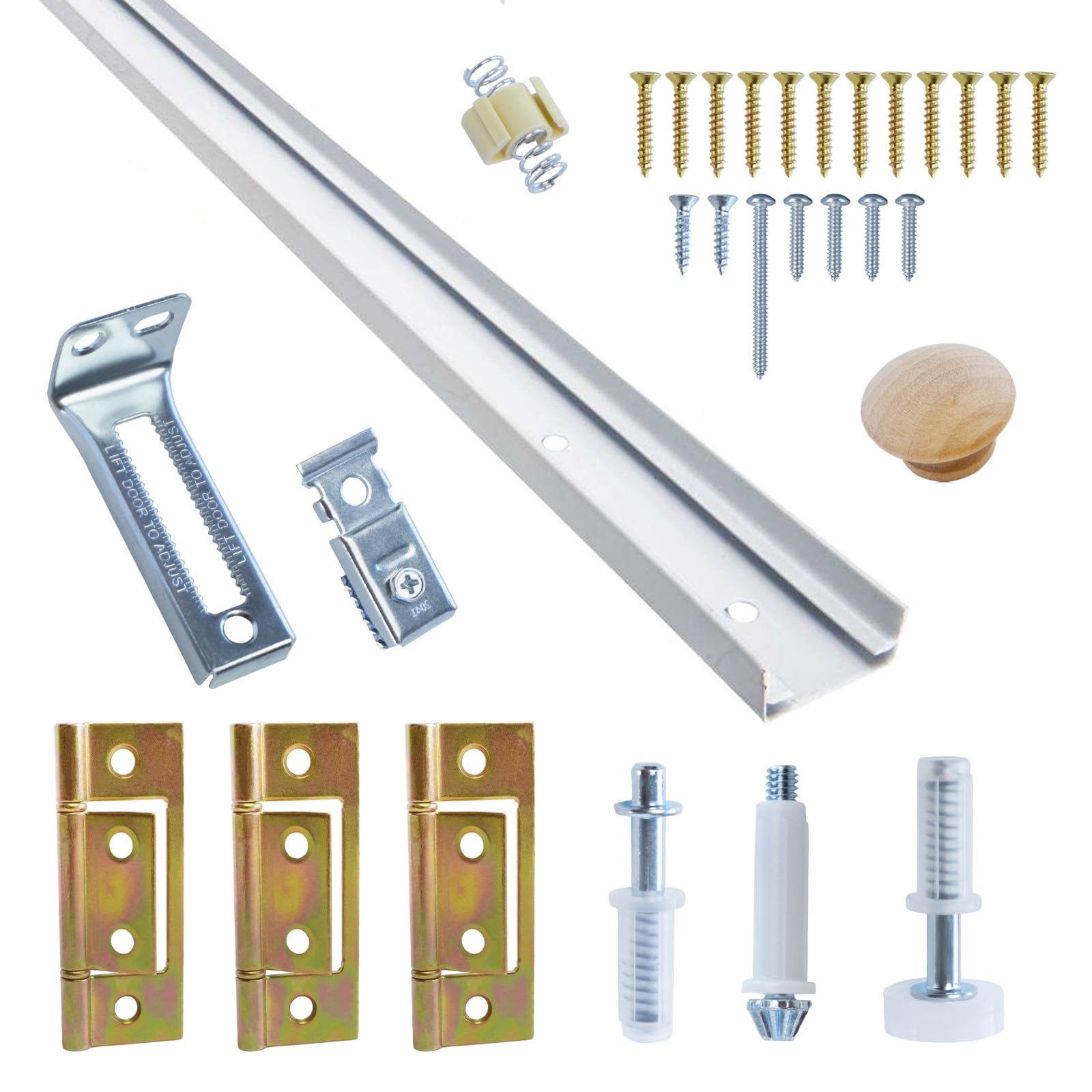 bifold door hardware with track, 24-inch bi-fold closet door track kit, uninterrupted steel track, quiet operation, included track, hinge, all pin, door stop, bottom bracket, knobs and screws