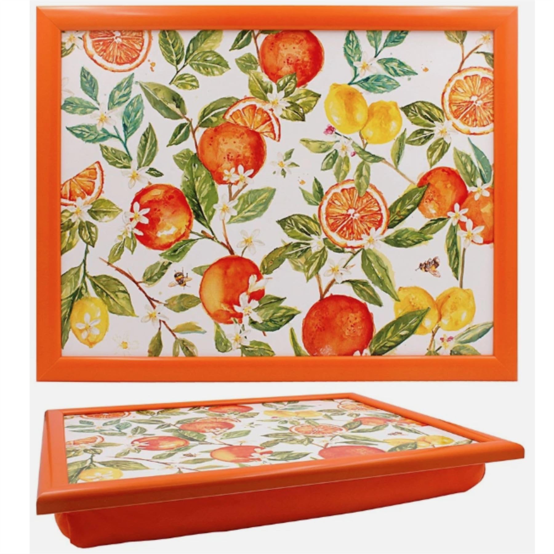 Carousel Home Orange S & Lemons Lap Tray With Bean Bag Cushion, 44X34cm Large Cushioned Laptray For Eating, Padded Lap Board