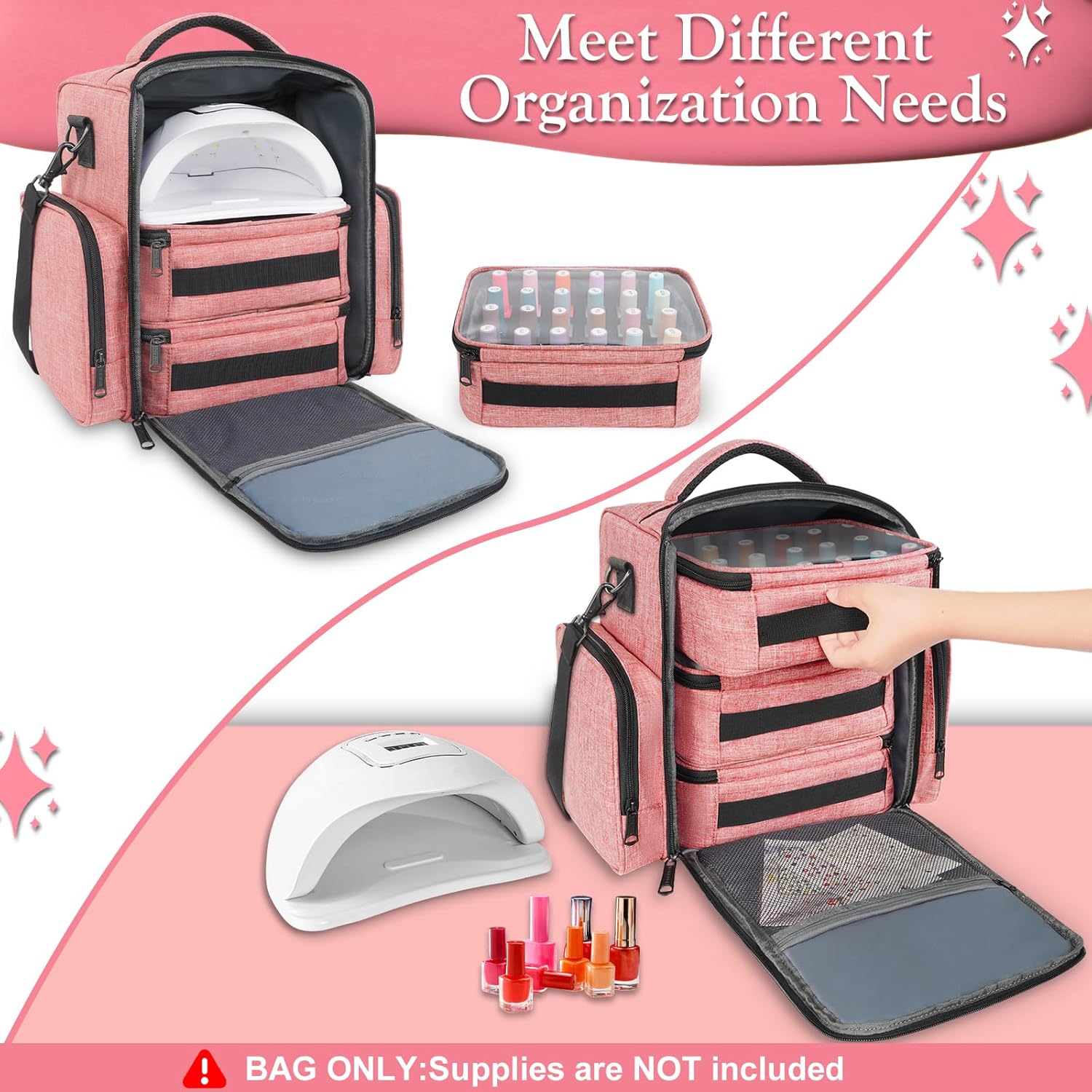 YOREPEK Nail Polish Organizer Holds 72 Bottles (15ml-0.5 fl.oz) Large Nail Polish Carrying Case with 3 Removable Pouches and 4 Zippered Pockets for Manicure Tools, Supplies, Nail Lamp, Gifts for Women