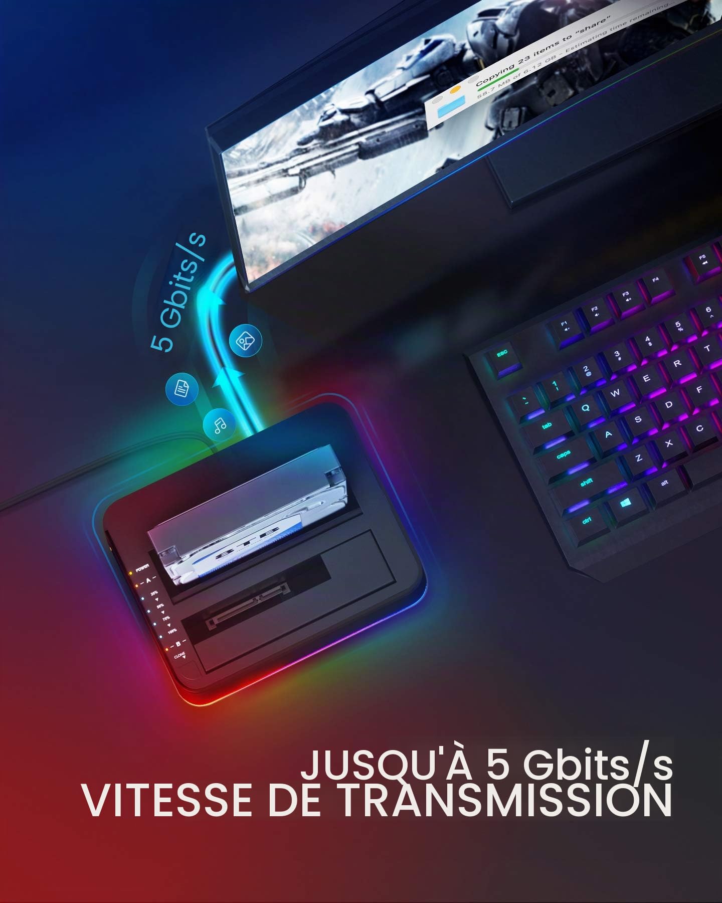 Inateck RGB USB 3.0 Station d’Accueil, avec la Fonction de Clone Hors-Ligne, pour HDDs et SSDs 2,5 et 3,5 Pouces, Double Baie 2 x 20 to, UASP Soutenu (SA02003-BK)