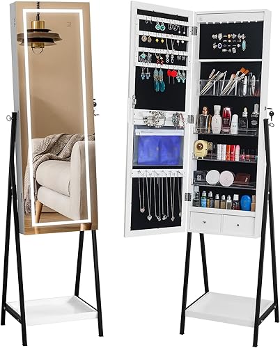 Imseigo Espejo de longitud completa con almacenamiento, 8 luces LED de pie, caja de almacenamiento de joyas con estante, organizador de