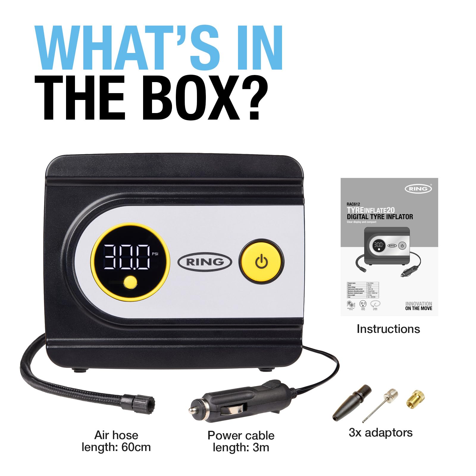 RING TYREINFLATE 20 Digital Tyre Inflator Air Compressor with Three Adaptors - Measures in PSI, BAR and kPA — view 7