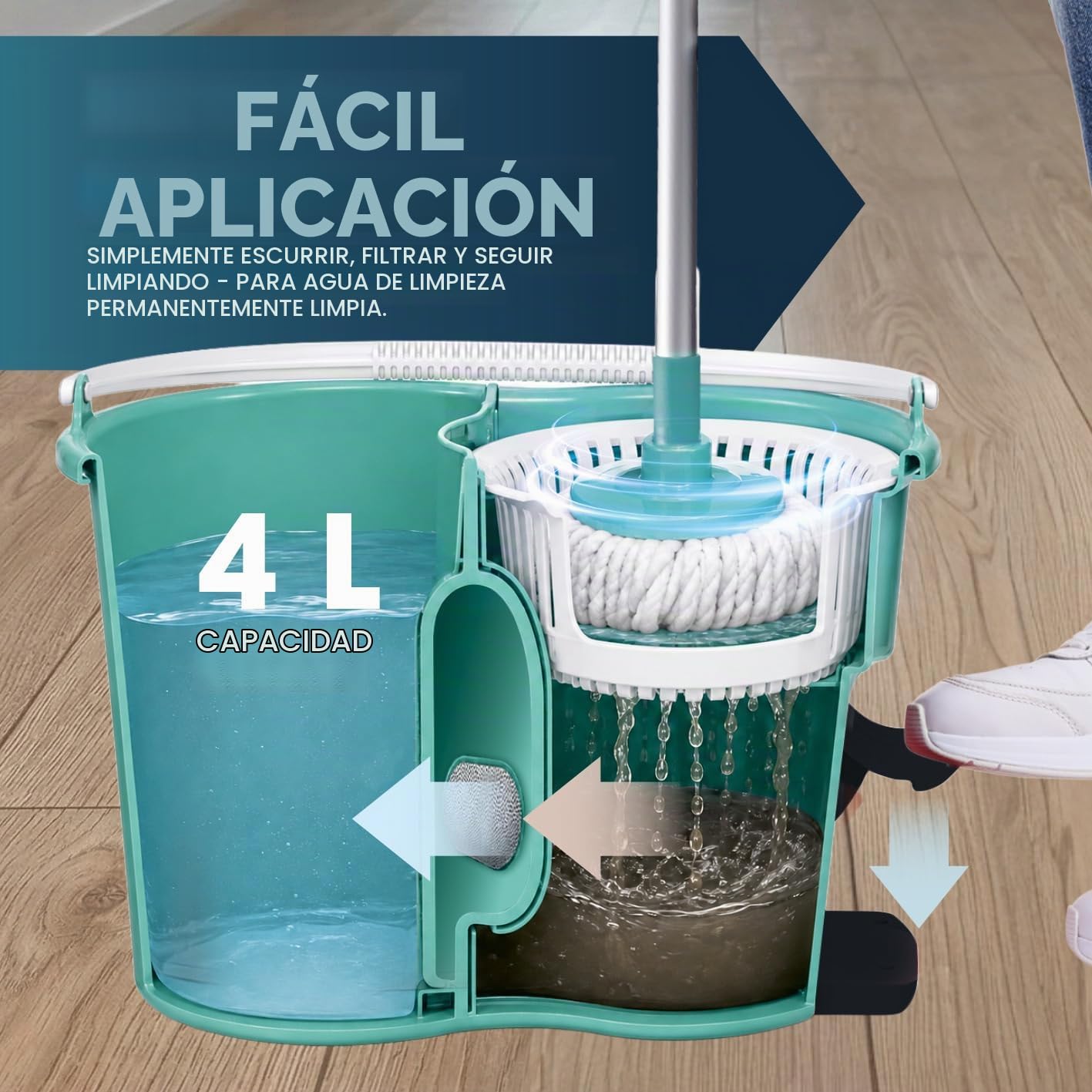 CLEANmaxx Power Mopa con Sistema de Filtro de 2 cámaras | Diseñada en Alemania - el Agua Sucia se filtra, se escurre fácilmente para una Limpieza sin Rayas | Ideal para Laminado, parquet y baldosas