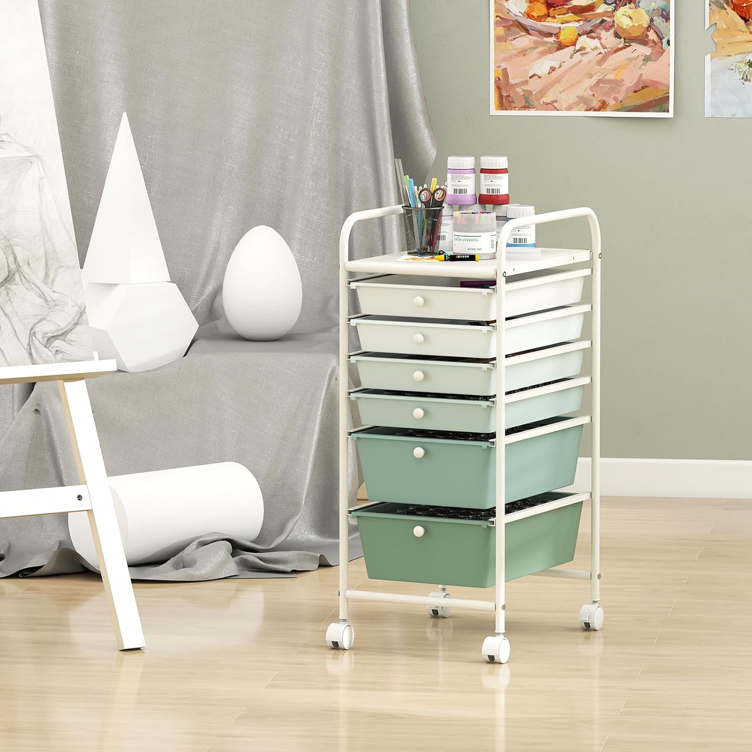 RELAX4LIFE 6-Drawer Rolling Storage Cart - Classroom Organization on Wheels w/Removable Plastic Drawers, Mobile Art Craft Cart for School Paper Home Office, Utility Cart with Drawers (Gradient Green)