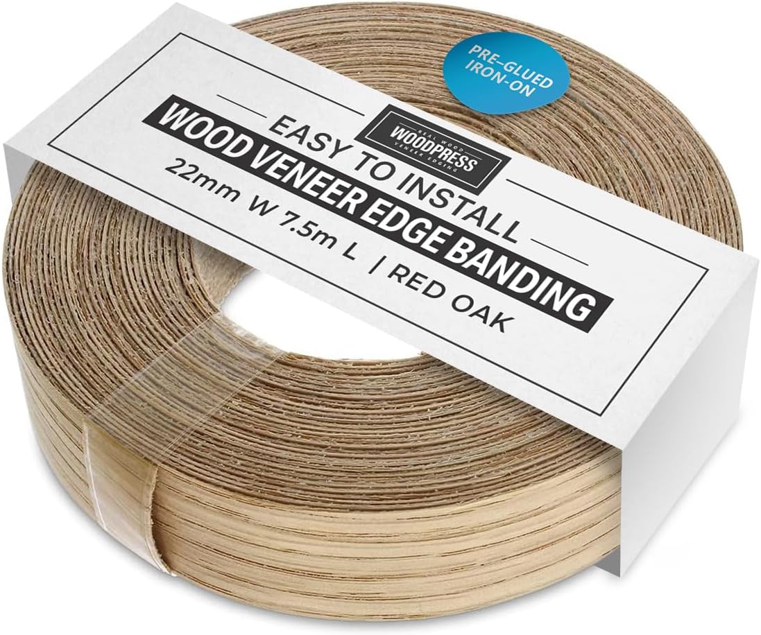 WoodPress® 22mm Real Red Oak Iron-On Edging – 7.5m Roll – Pre-Glued Wood Veneer Tape for Easy DIY Application – Will Cover The Edge of a Standard MDF Panel