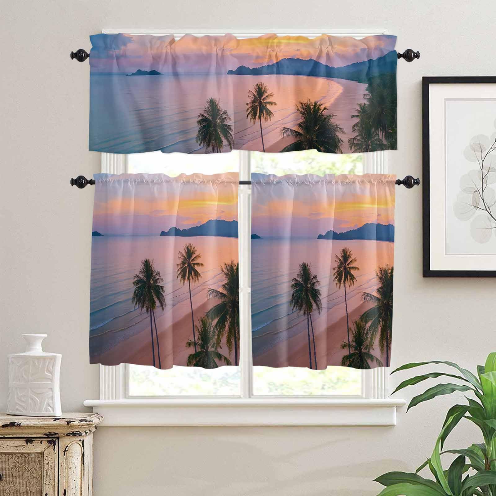 Beach Kitchen Curtains 24 Inch Length,3 Piece Rod Pocket Small Half Tiers and Valance Set,Palm Tree Ocean Sunset Nature Sky Cloud Scenery Small Large Window Treatment Decor for Bedroom/Bathroom Sink