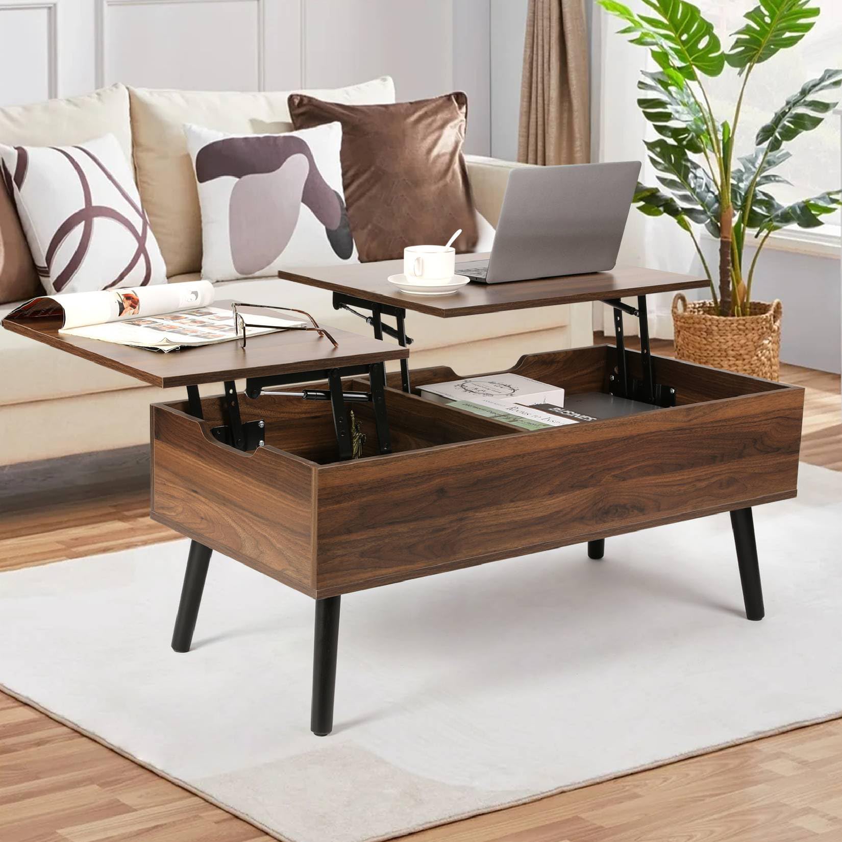 VOWNER Table Basse Relevable Extensible Noix | Double Plateau Réglable en Hauteur avec Compartiment de Rangement Caché