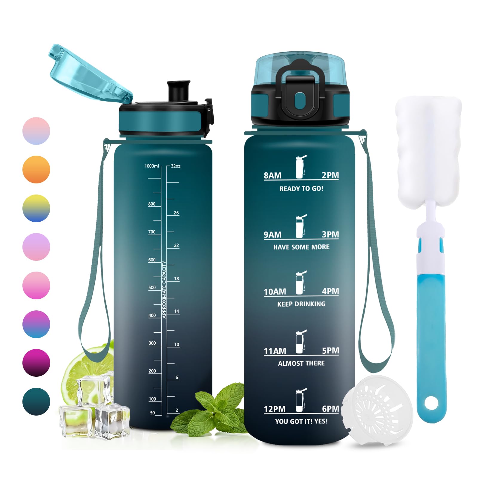 JAPORIA 1L Water Bottle with Time Marker, Leak-Proof Filter Water Bottles, BPA-Free for Students Office Gym