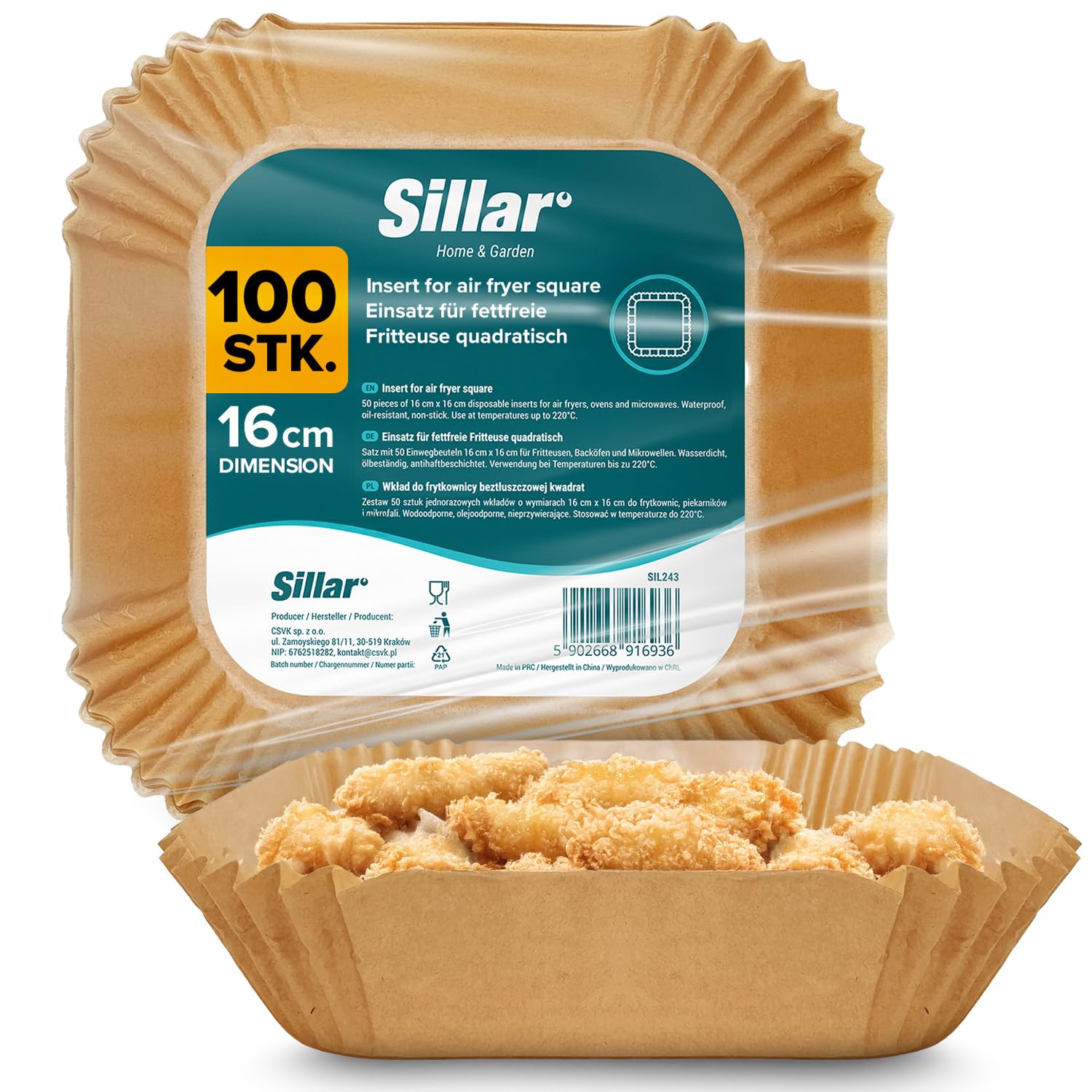 Sillar Papel para freidora 16cm 100 piezas Cuadrado Papel de horno para Airfryer, antiadherente Resistente al aceite, Resistente al calor hasta 220°C Juego de papel de horno para Airfryer