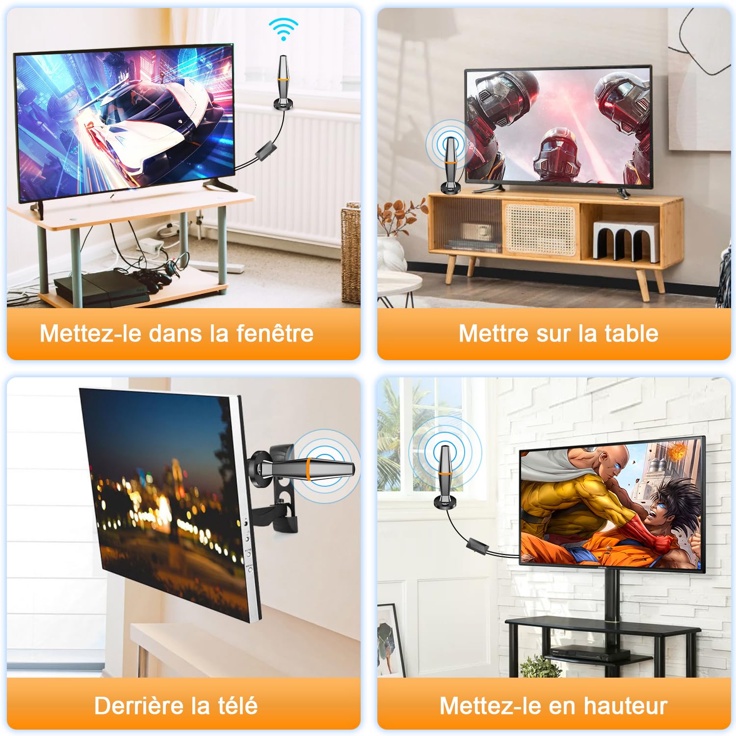 Potente antenna TV per interni TNT HD, 2025 Potente antenna TV interna di base magnetica potente - 420km Ricezione a lungo raggio a 360° - Arancione
