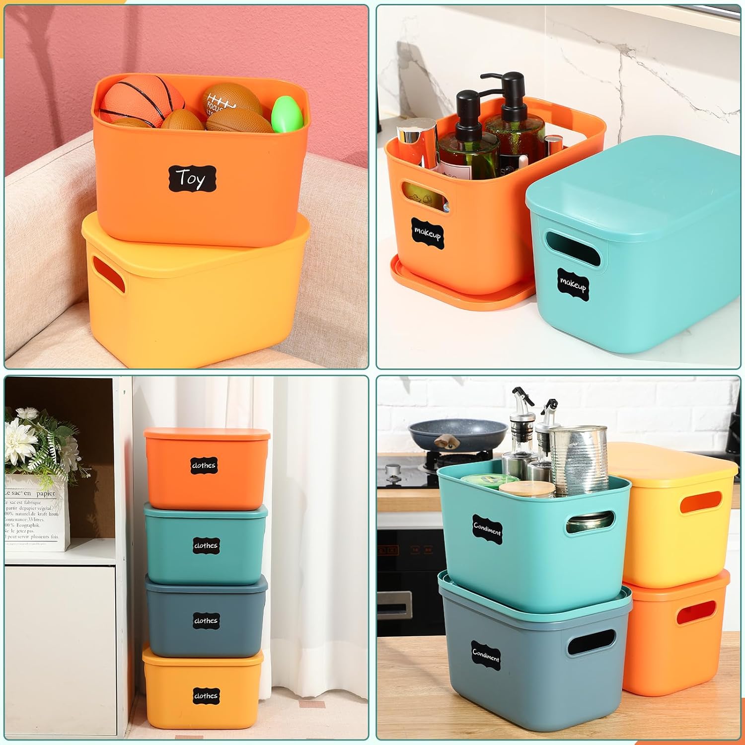 Tanlade 4 Pcs Plastic Storage Bins Stackable Baskets with Lid and Handle Colorful Desktop Storage Box Cubby Containers for Shelf Bedroom Office, Include 1 Erasable Marker, 16 Stickers(10 x 7 x 6 in)
