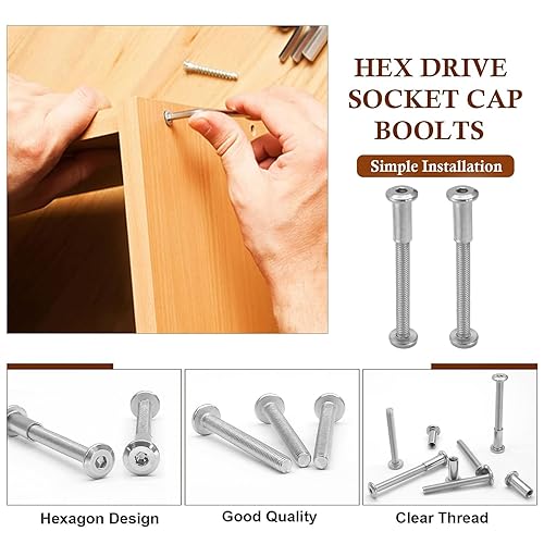 Vista 87 de 10 pares (20 piezas) M6 x 0.630 in Tornillo hexagonal con llave Allen, pernos de conector plateados para muebles, tornillos avellanados M6, tuercas