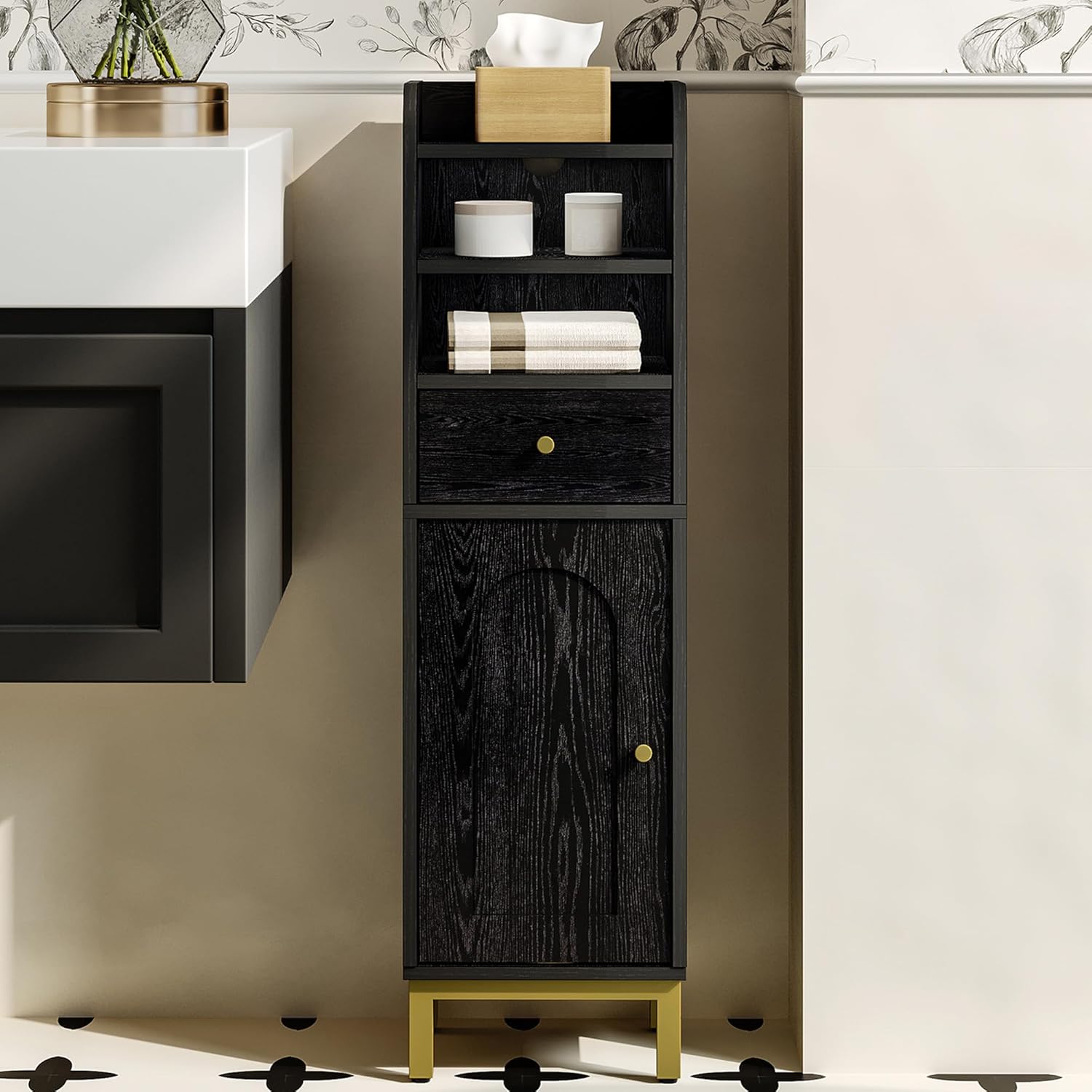Bathroom Storage Cabinet, Corner Floor Cabinet with Drawers and Doors, Narrow Toilet Paper Holder, Bathroom Organizer with Adjustable Shelf, for Small Spaces, Black BC29804G