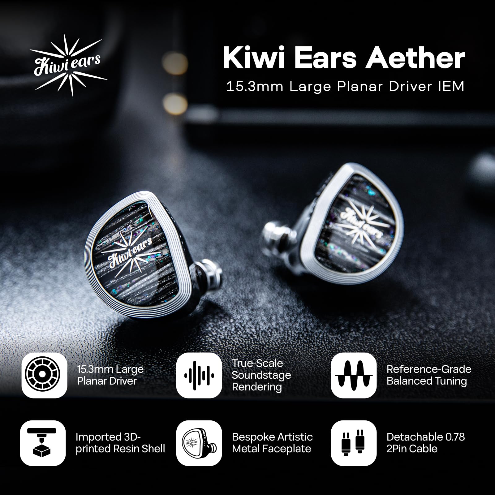 Linsoul Kiwi Ears Aether in Ear Monitor, Écouteurs à Pilote Planaire Large de 15,3mm, Écouteur Filaire HiFi de Jeu avec Câble Détachable à 2 pin pour Musiciens Professionnels, Audiophiles et Joueurs