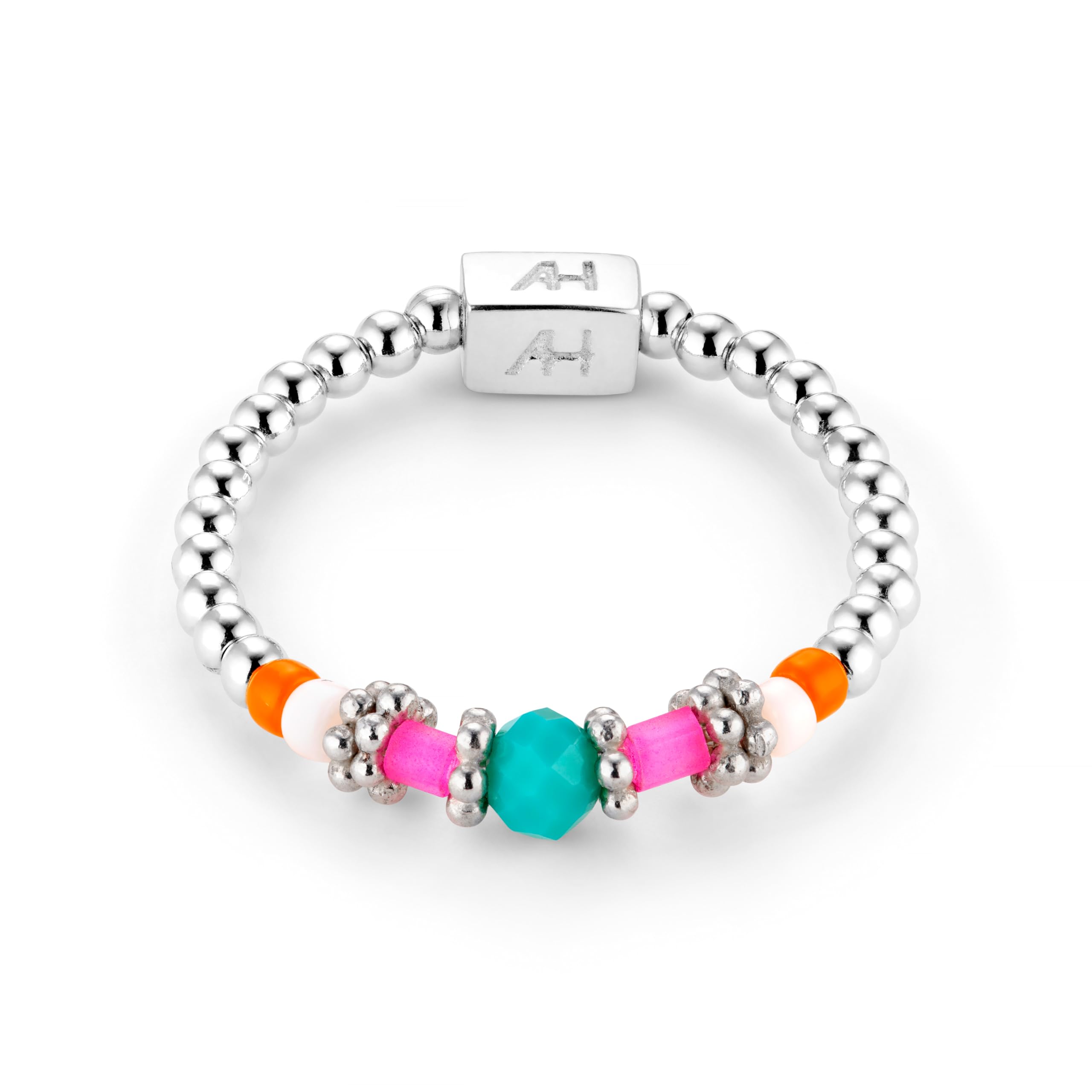 Annie HaakBoho Turquoise 925 Sterling Silver Ring, Multicolour, Pink, Summer, Bohemian, Gift For Women/Girlfriend/Friend, Birthday, Handmade in UK, 53-55mm circumference