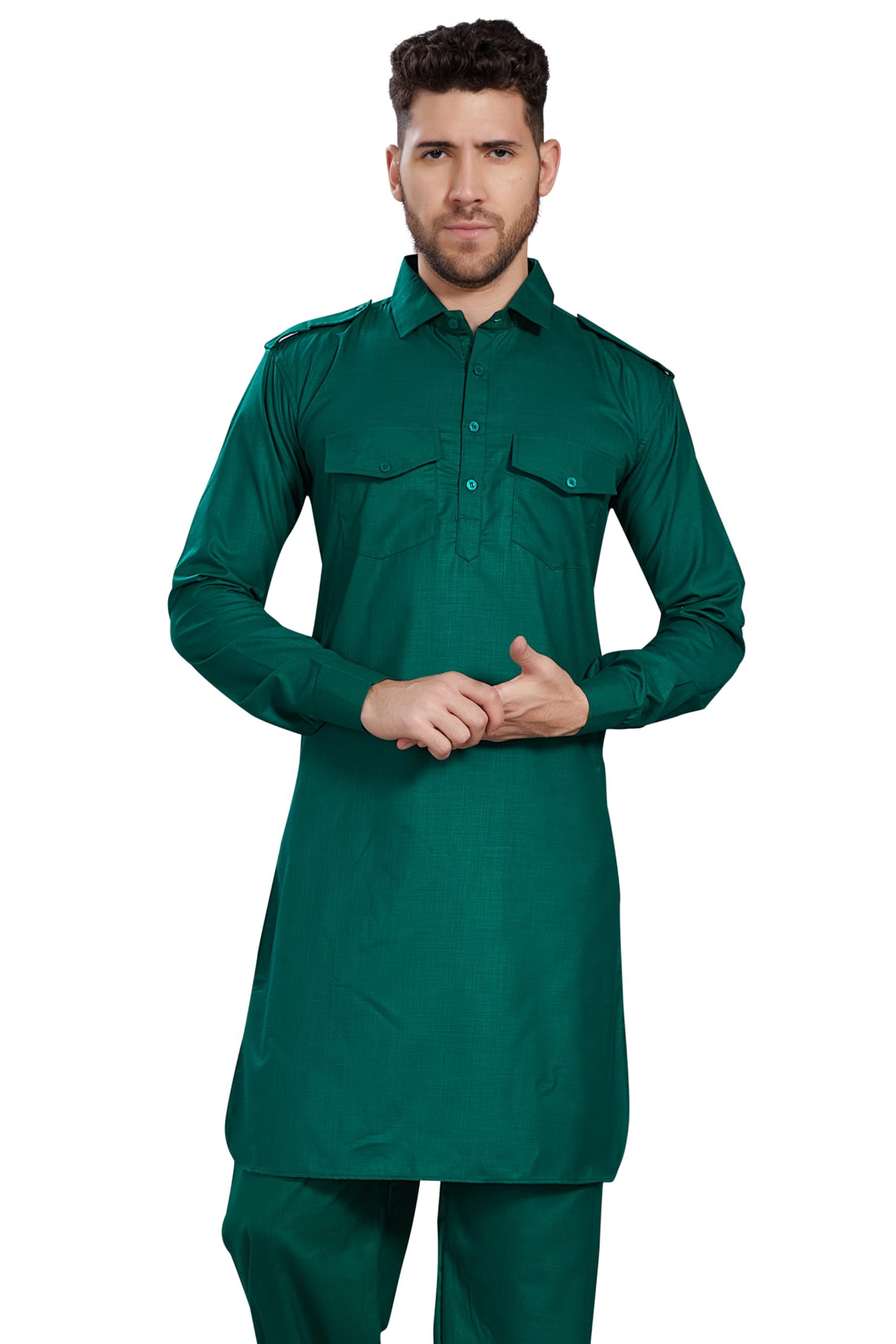 Divisive Men's Cotton Blend Pathani Kurta Pyjama Set (Dkrt463_Xl_Green)