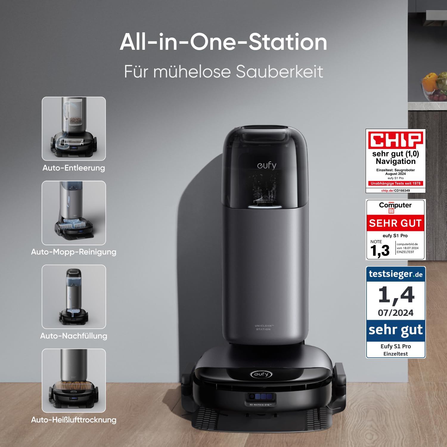 eufy S1 Pro HydroJet Saugroboter mit Wischfunktion, Revolutionäres Reinigungssystem, Ozon-10-in-1-Station, Auto-Reinigerdosierung (Generalüberholt)