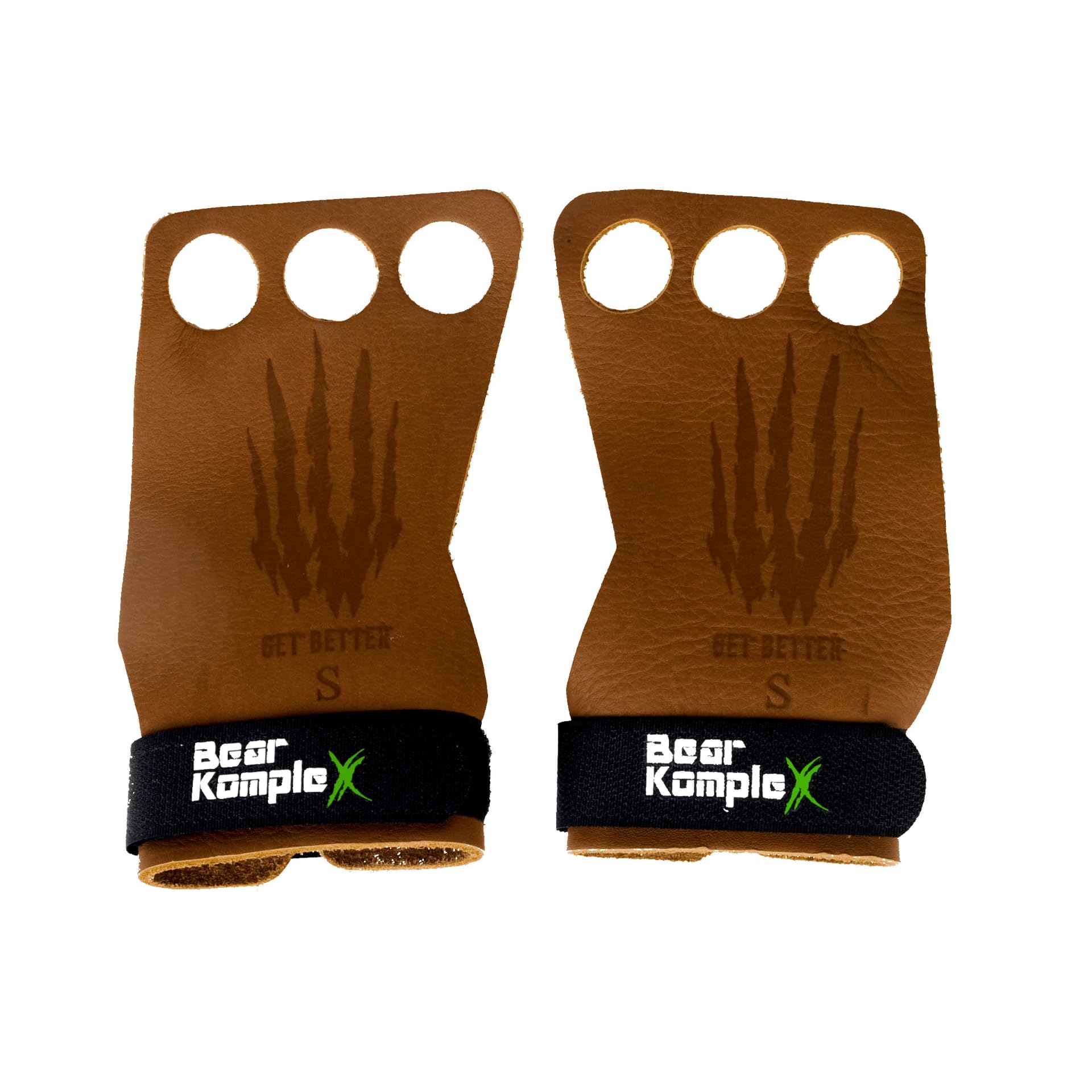 Bear KompleX 3 Hole Leather Hand Grips for Workouts, Pull-ups, Weightlifting, WOD Gymnastics, Crosstraining Palm Grips with Wrist Wraps, Hand Protection from Rips and Blisters,1 Pair