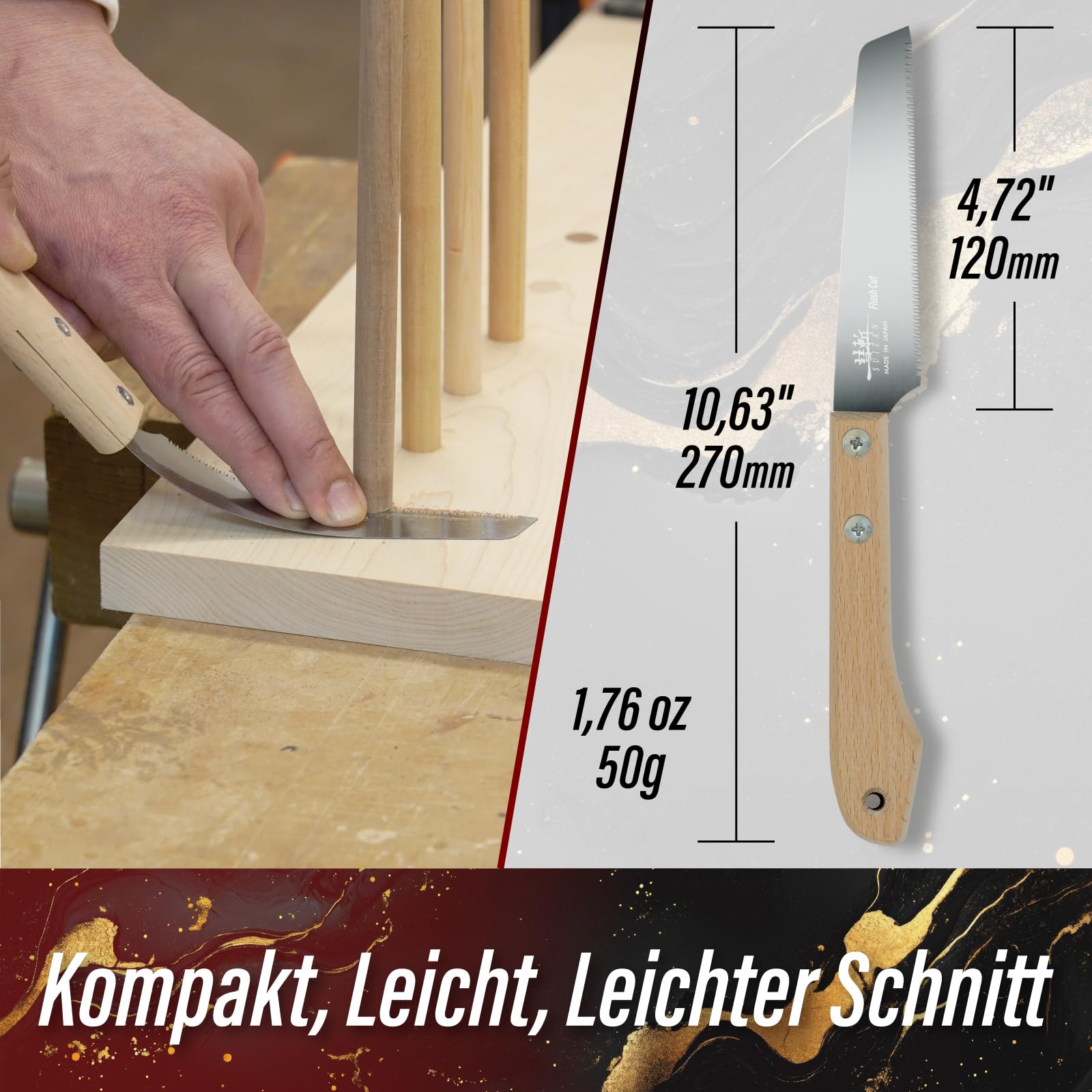 SUIZAN Kleine Handsäge 120mm Blatt für Bündigschnitt - Kompakte Japanische Zugsäge Einseitig Gezahnt Dübelsäge Werkzeug für Holzbearbeitung