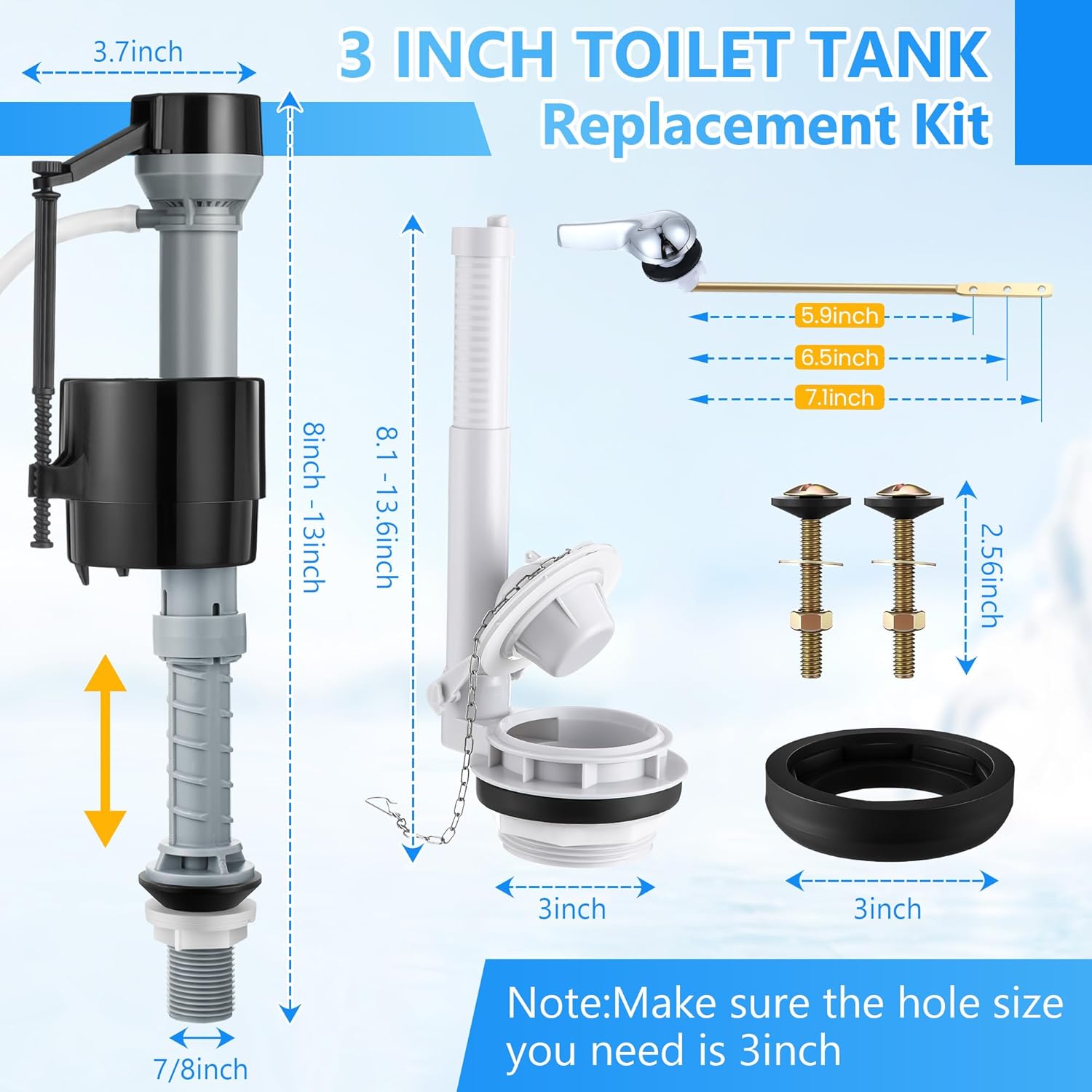 Saillong 3 Inch Toilet Flusher Replacement Kit, Include 3 Inch Adjustable Flush Valve with Flapper, Fill Valve, Front Flush Handle, Rubber Gasket, Bolts, Complete Toilet Parts Inside Tank Kit (2 Pack)