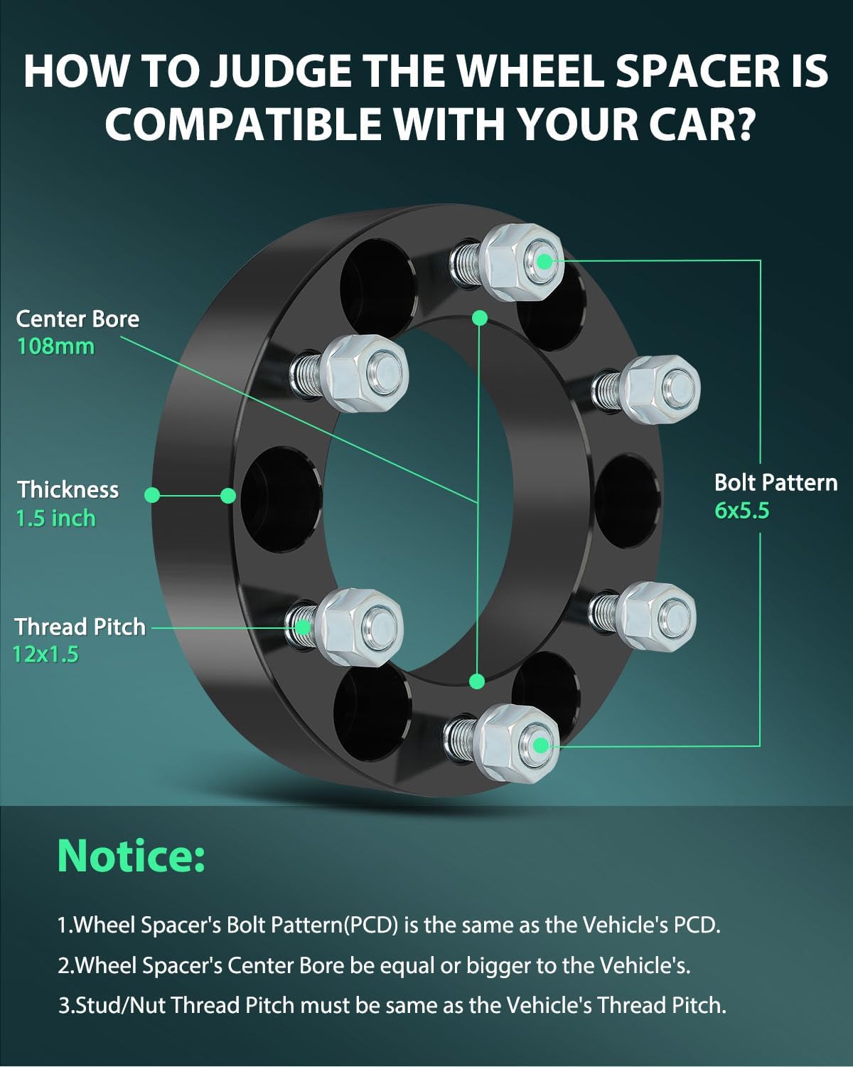 SCITOO 4Pcs 6x5.5 Wheel Spacers 1.5 inch Bore 108mm Studs 12x1.5 6 Lug Wheel Spacers No Hubcentric Fit for Toyota for 4runner 1988-2022,for Mitsubishi Montero Sport 1997-2021