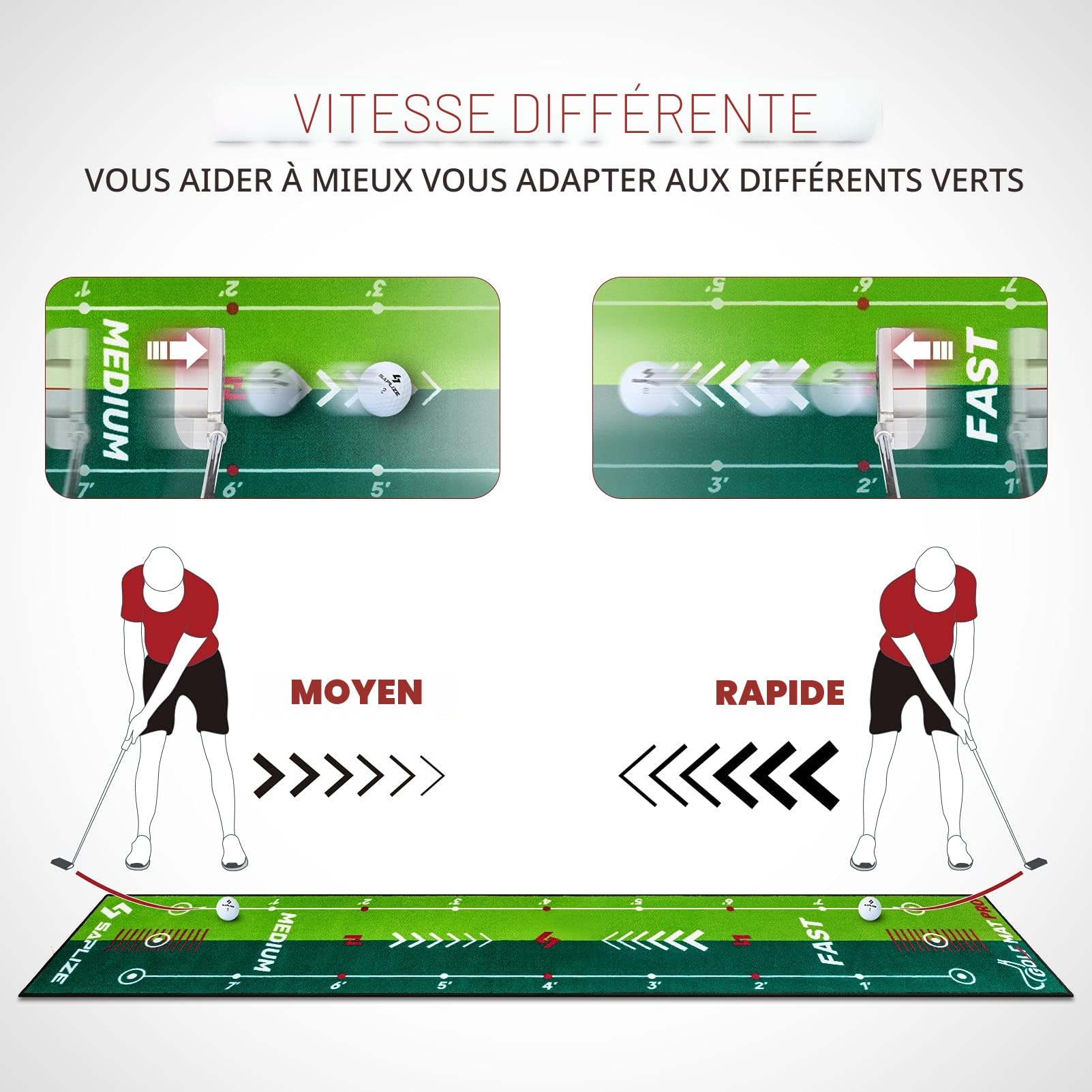 SAPLIZE Tapis de putting de golf avec miroir d'alignement de putting - 20 x 10 pieds - Pour l'intérieur et l'extérieur - Pour le travail à domicile et le bureau