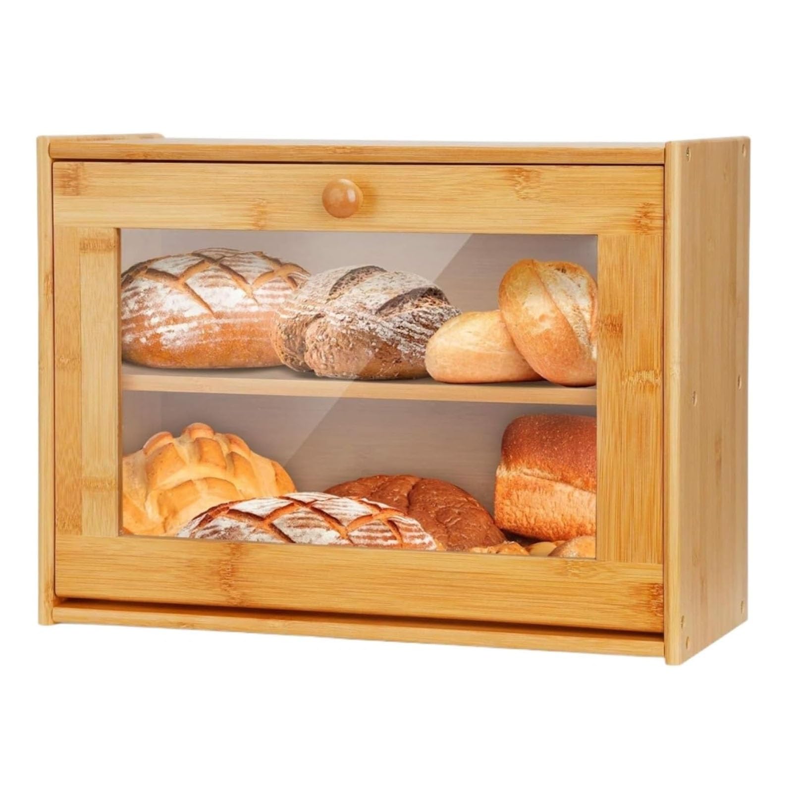 JFBLSD Kitchen Bread Box for Bread Storage – Countertop Bread Bin, 2-Tier Wooden Bread Box with Clear Windows and Air Vents