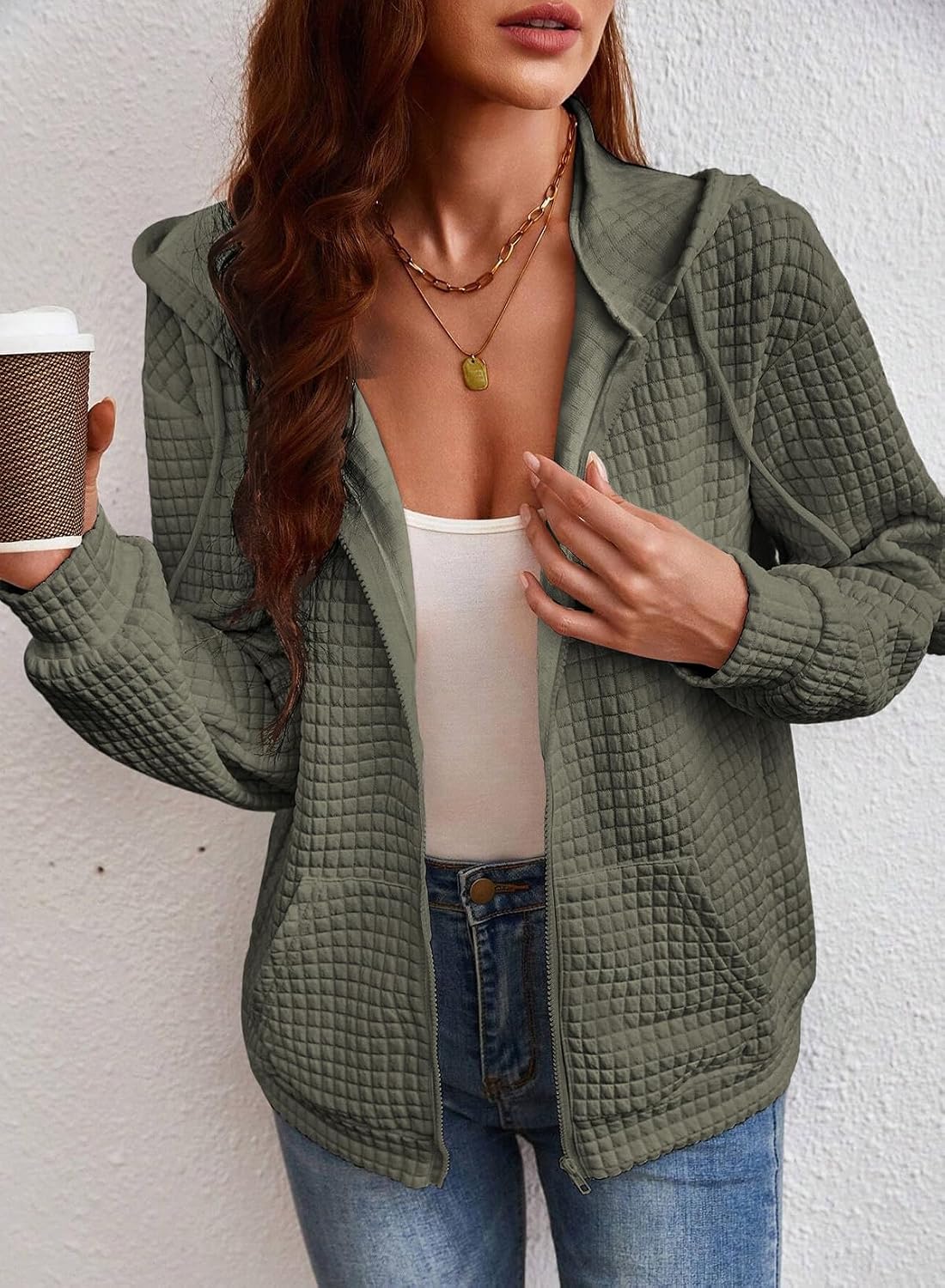 SHEWIN Womens Zip Up Hoodies Oversized Sweatshirt Fall Fashion Outfits 2026 Casual Waffle Hooded Jackets image 5