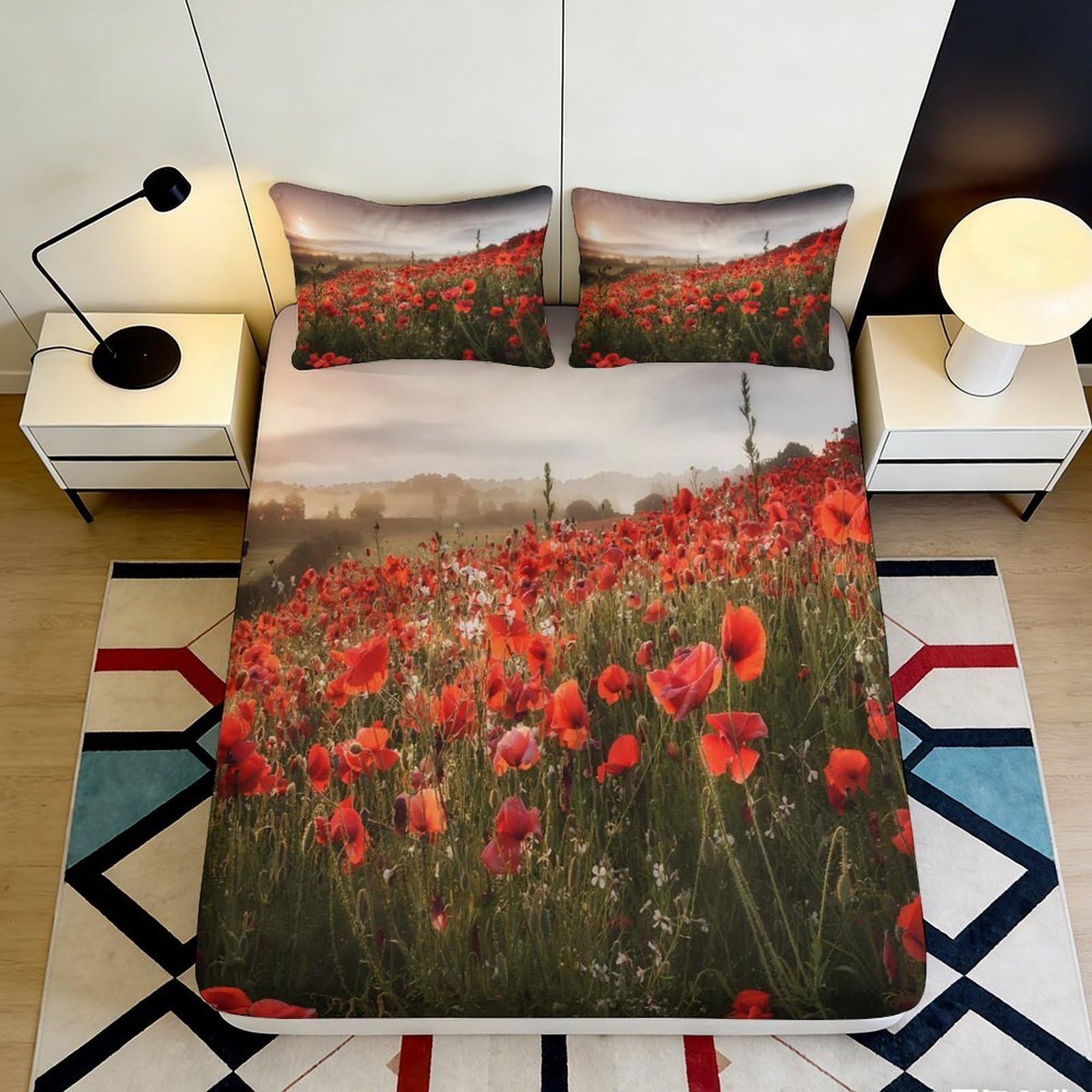 Pnayamiorkfel Style-7 3D Printed Red Poppy Field Fitted Sheet Microfiber Scenic Sunrise Bed Cover Non-Slip Washable For Bedroom Guest Room 90X200x25cm