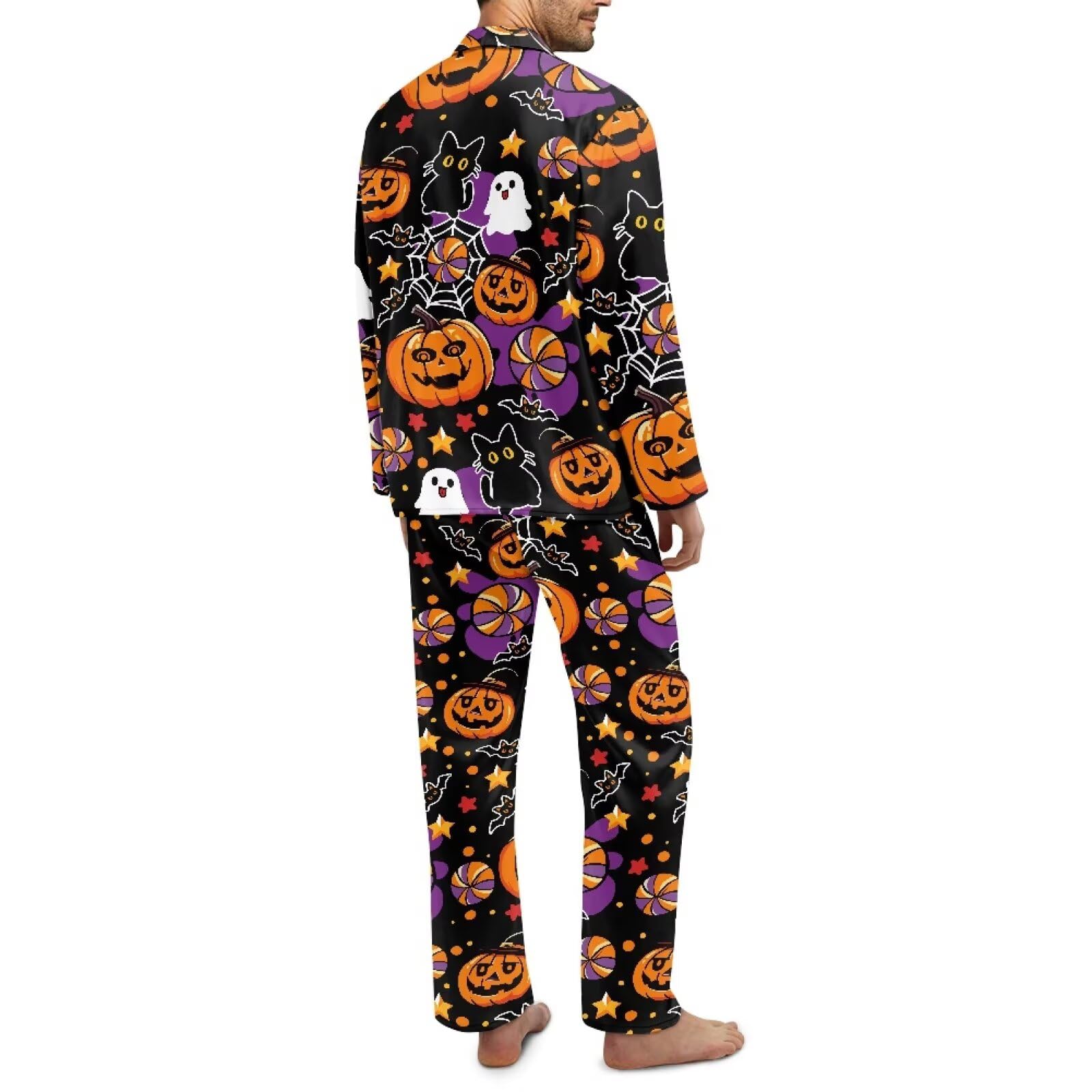 Halloweenowy zestaw piżam męskich, 2 sztuki, przytulna piżama z wycięciem dla mężczyzn, codzienna męska bielizna nocna z długim rękawem z kieszeniami i elastyczną opaską, dynia, duch