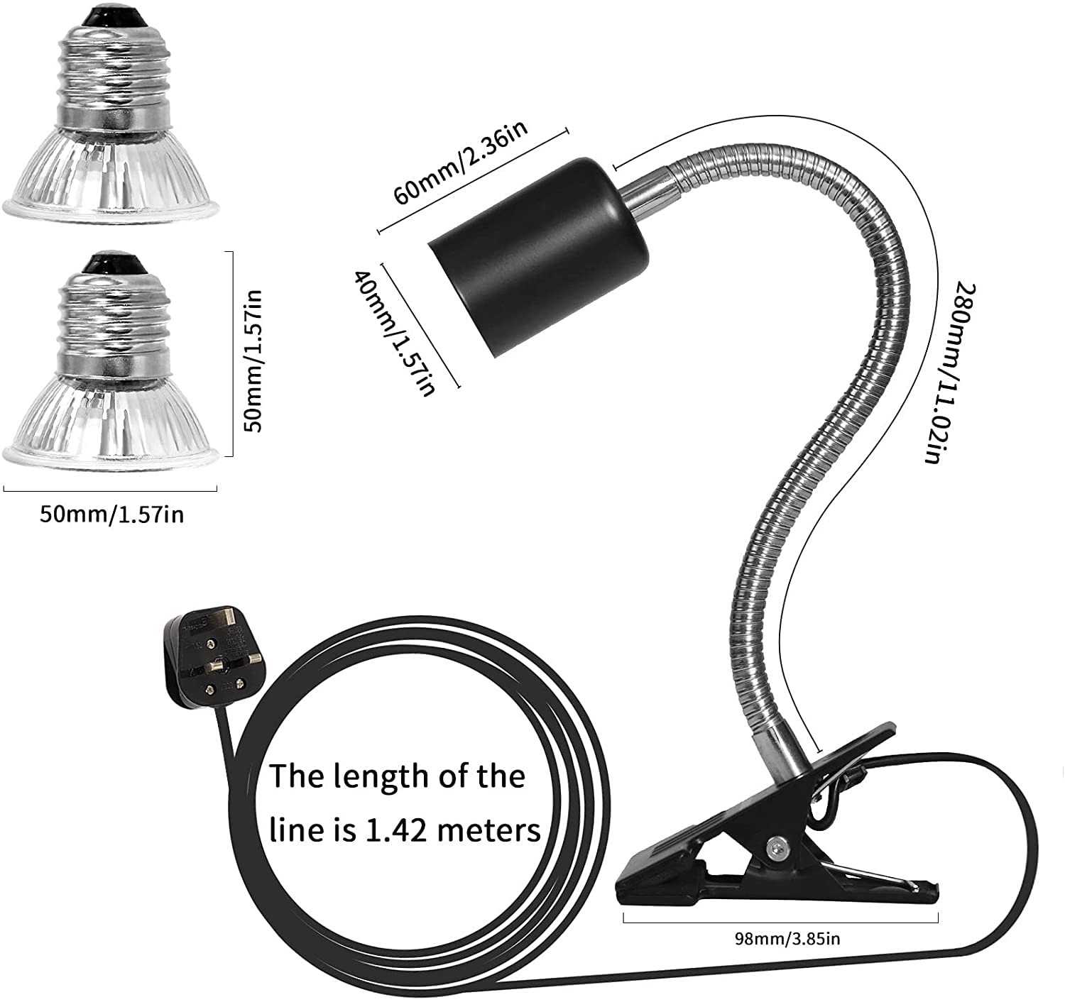 Lampe chauffante pour Aquarium pour Reptiles Clip de lumières de Tortue, Ampoule de Lampe chauffante en Tortue avec Support réglable E27, Lampe chauffante UVA/UVB 25 W + 50 W pour
