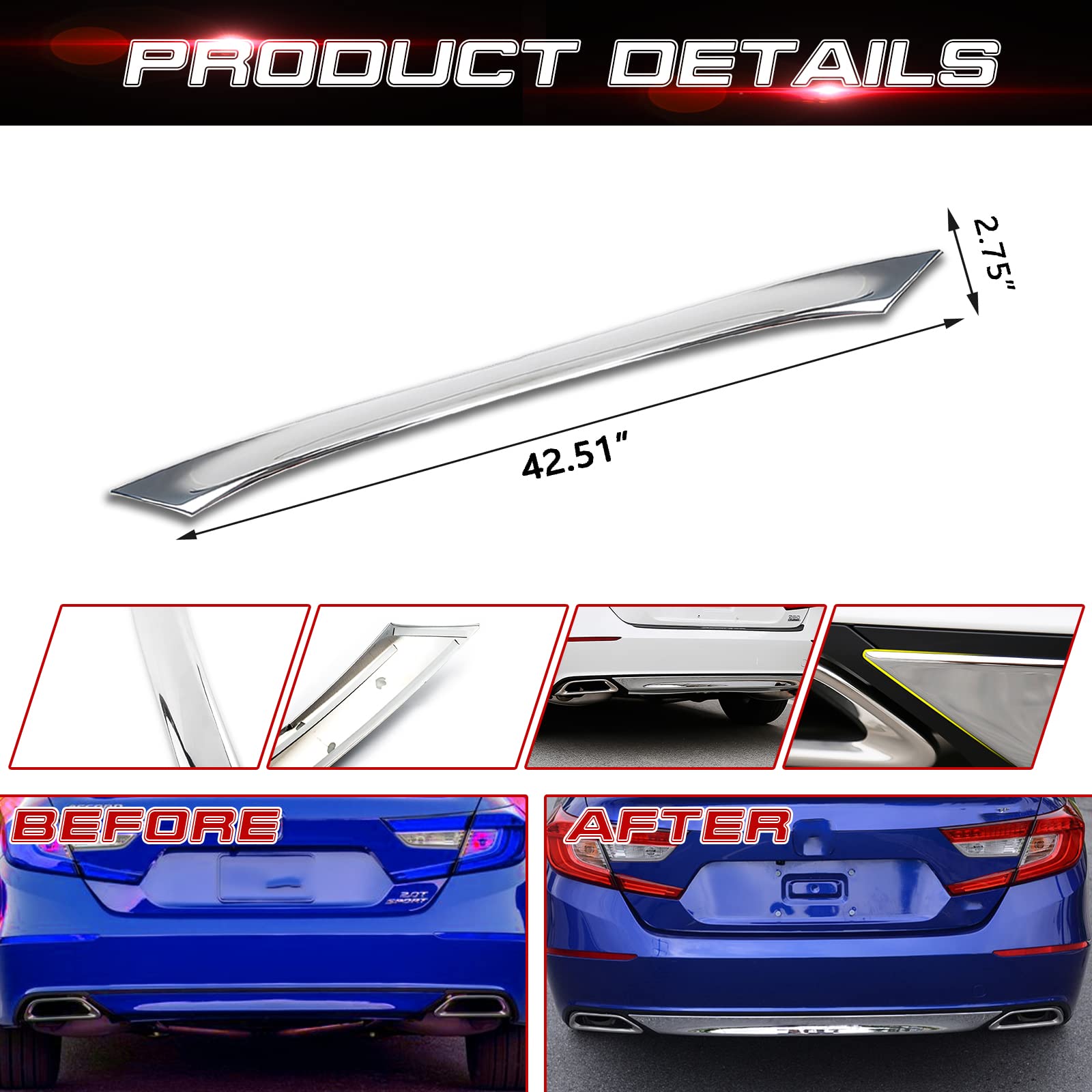 Xotic Tech Rear Bumper Lower Lip Cover Trim, Chrome, Compatible with Honda Accord 10th Gen 2018-2022