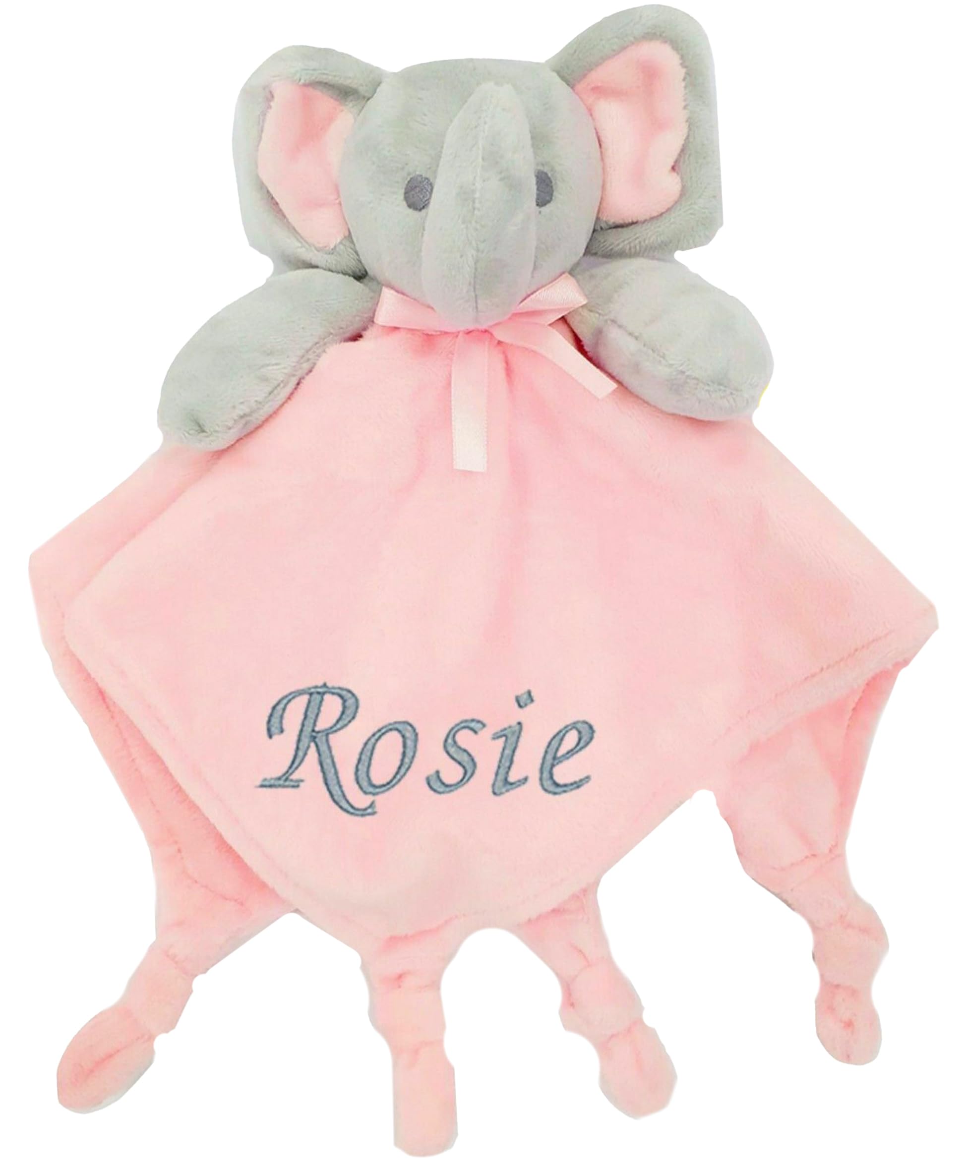 Baby Personalised Sensory Elephant Comforter Blanket Soft Snuggly Animal Design (Pink Knotted Elephant)