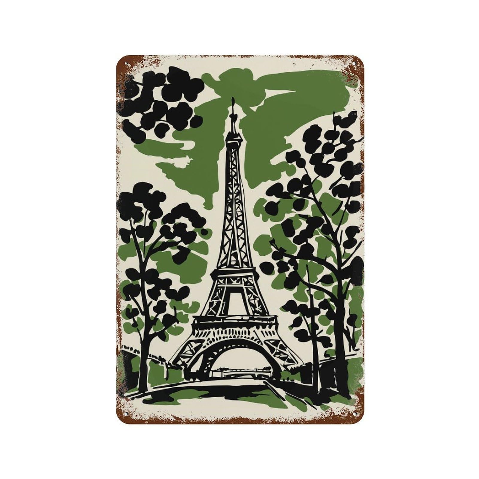 Eiffel Tower Illustration with Trees Aged Metal Wall Plaque 11.8"x7.9", for Pub, Kitchen And Man Cave Decor, Decorative Metal Wall Art