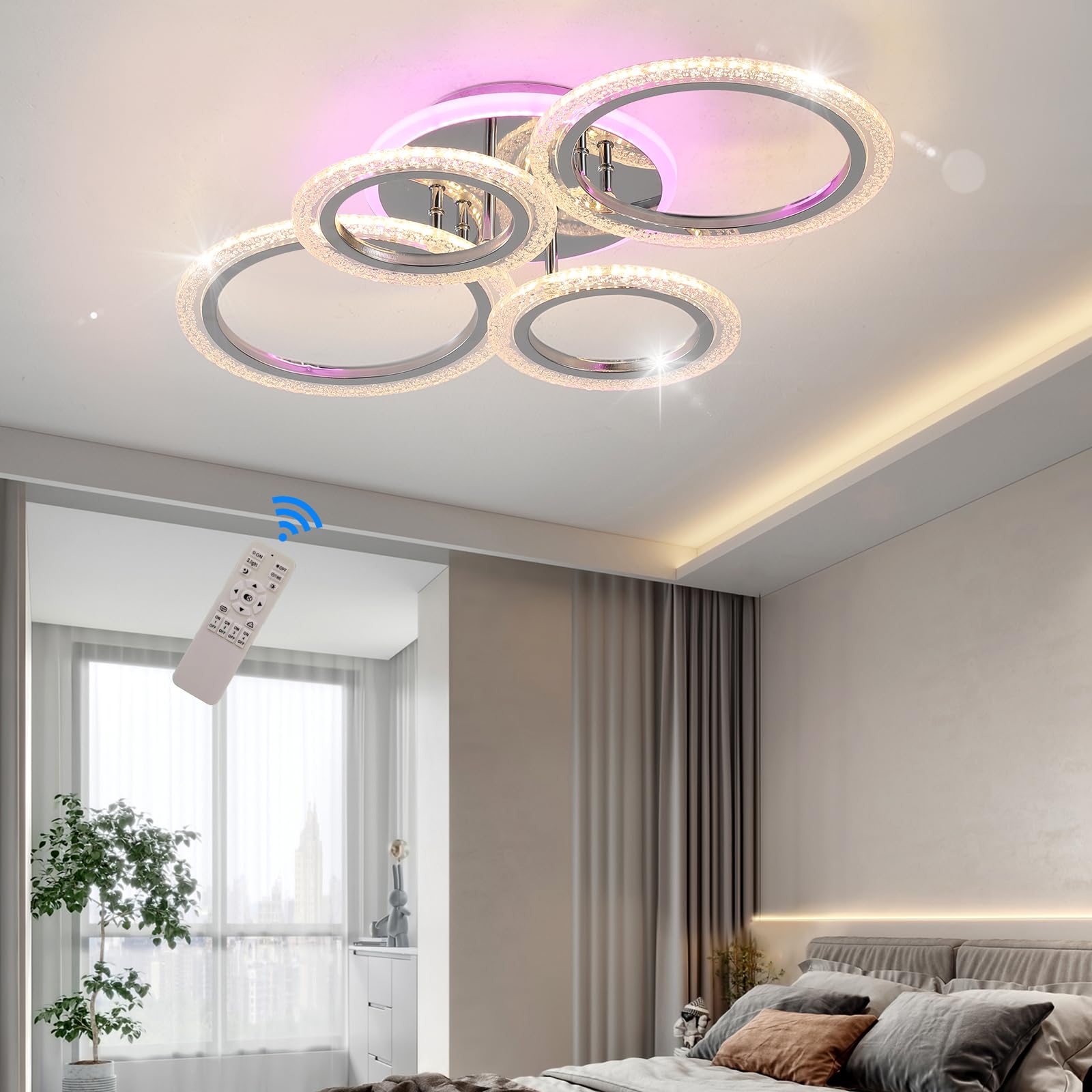 Photo 1 of STCH Modern LED Ceiling Light Dimmable, 4 Rings Close to Ceiling Fixture with Remote, Lamp for Kitchen, Living Room, Bedroom, Laundry Room, Hallway, Office, 3000-6500K