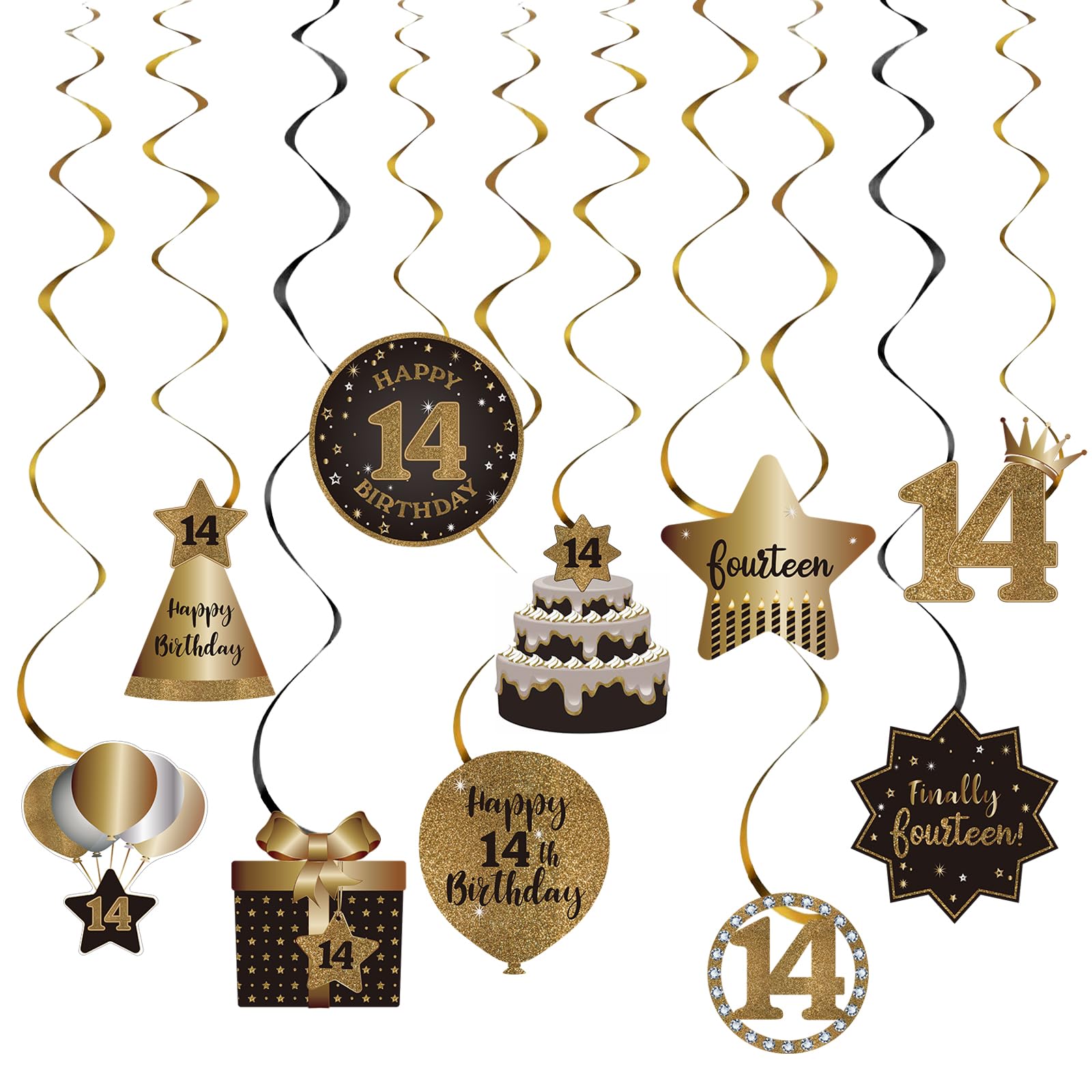 Happy 14th Birthday Party Hanging Swirls Streams Ceiling Decorations, Celebration 14 Foil Hanging Swirls with Cutouts for 14 Years Old Black and Gold Birthday Party Decorations Supplies