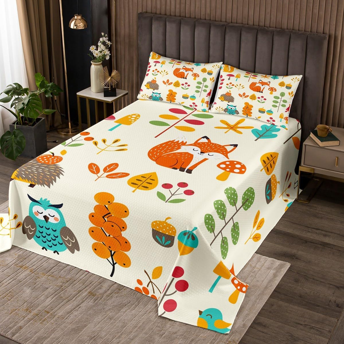 Cartoon Animals Bedspread Twin Size,Fox Owl Hedgehog Bedding Sets 2Pcs for Kids Girls Boys Women Room Decor,Mushroom Leaves Comforter Set Fall Style Quilt Coverlet,1 Pillowcase