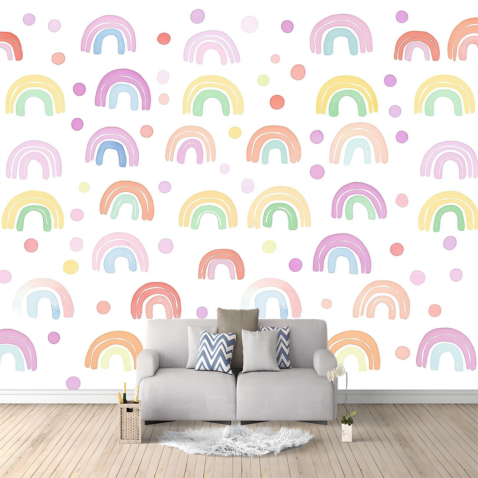 Papier peint panoramique arc-en-ciel aquarelle 350x256 cm pour décoration de chambre d'enfant
