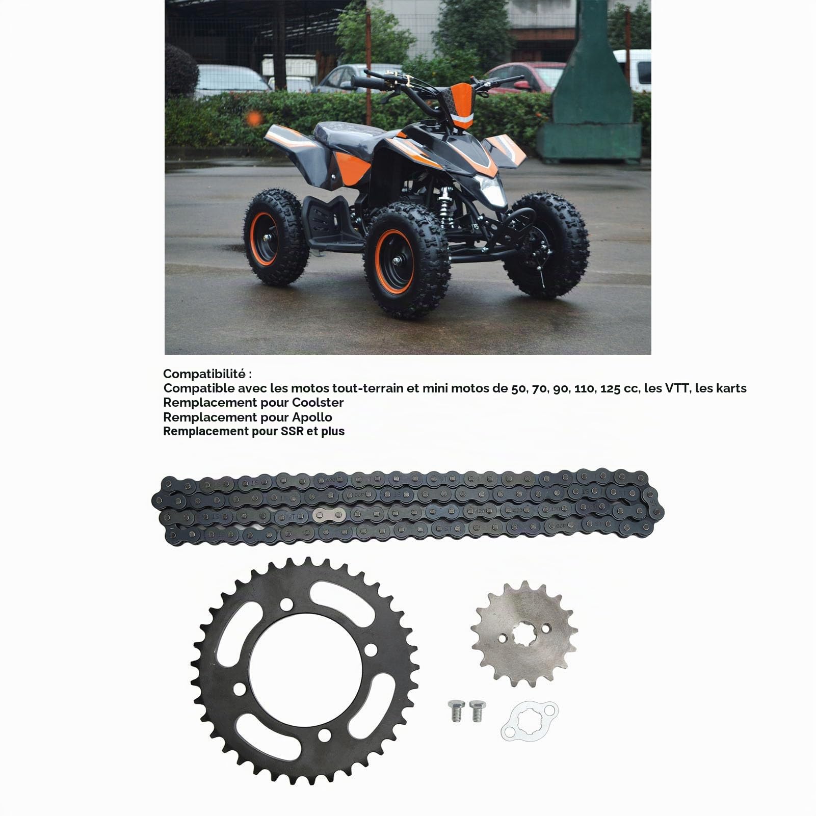 Kit Universel de Chaîne 420 pour Motocross ATV et Go Kart avec Pignon Avant 17T et Pignon Arrière 37T 155mm