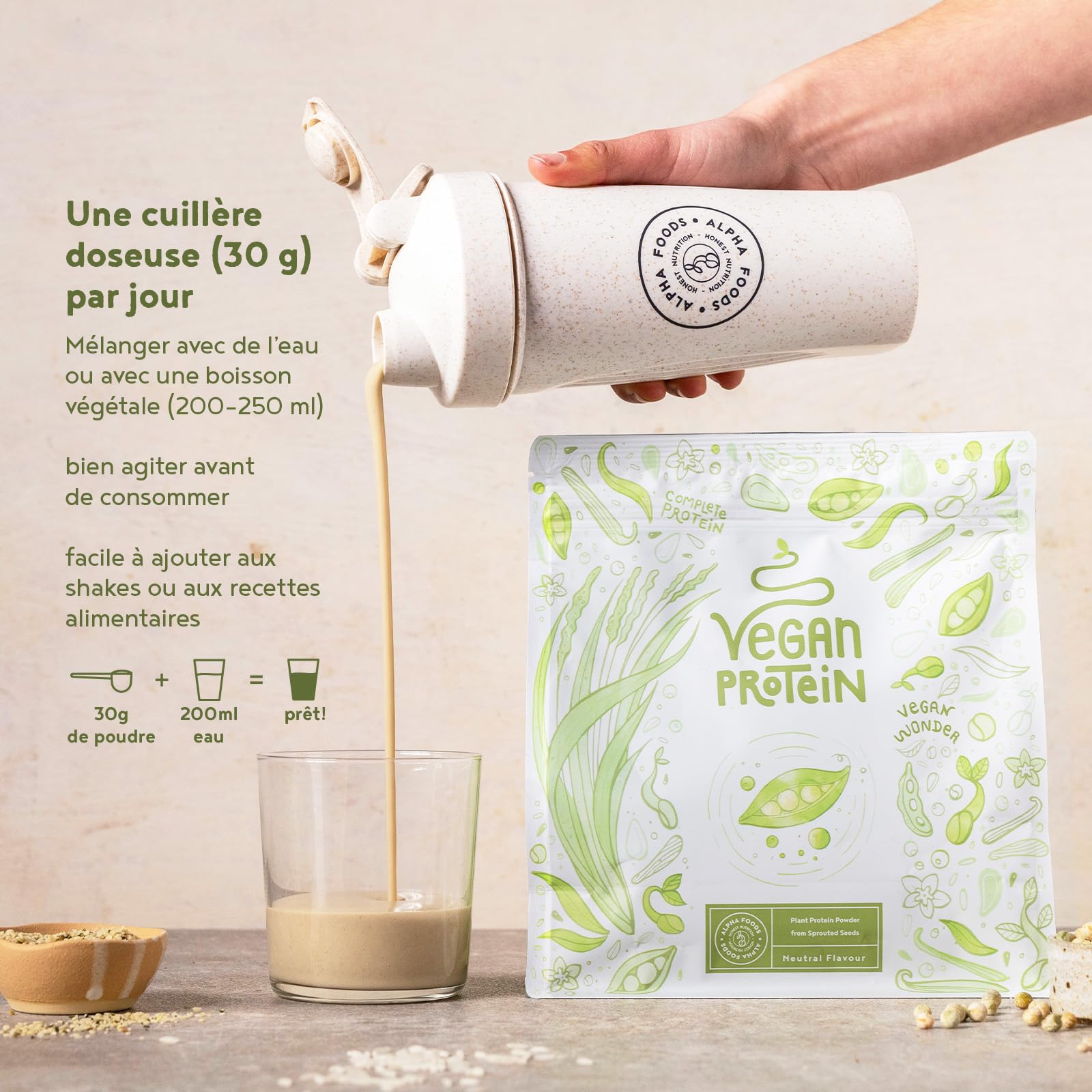 Vegan Proteine en Poudre [600g] | Non Aromatisé | 23g Protein | Soja, Riz, Pois, Graines de Tournesol | Pre/Post Workout Proteines Musculation | Protéine Powder | Shake de Protéines | Alpha Foods