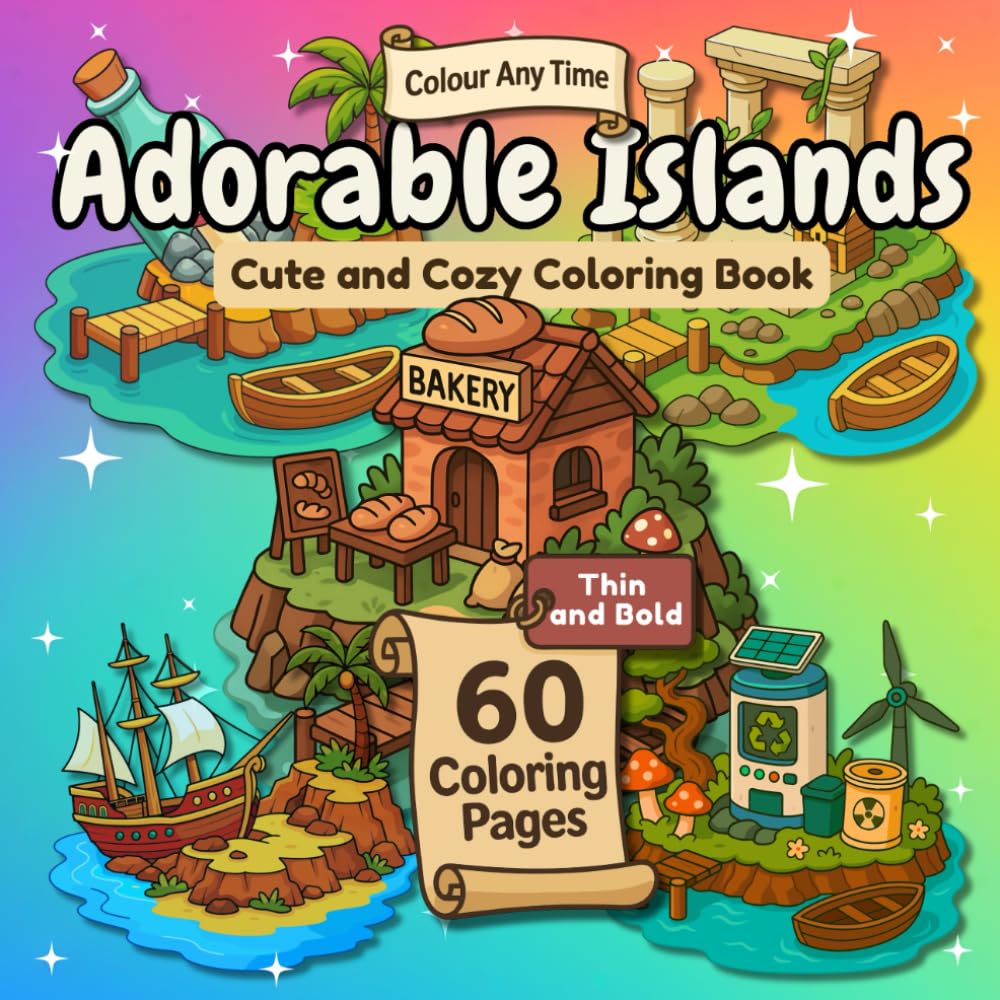 Adorable Islands: Cute and Cozy Coloring Book (60 Coloring Pages – Thin and Bold)