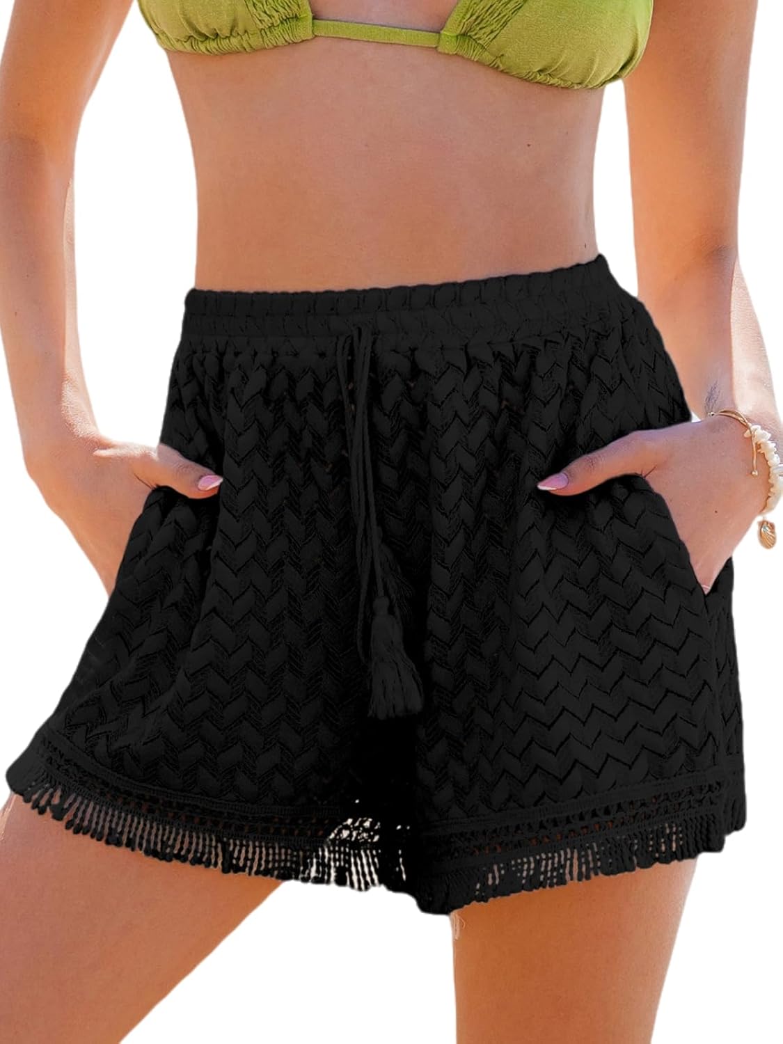 CUPSHE Women's Shorts Casual Crochet Swimsuit Cover Ups with Tassel Black L