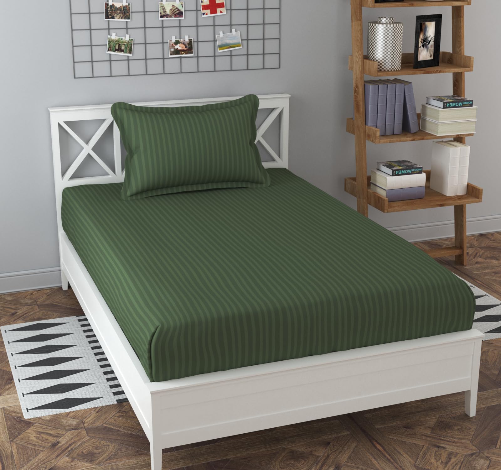 Olive Striped Cotton Bedsheet - Single Bed -1