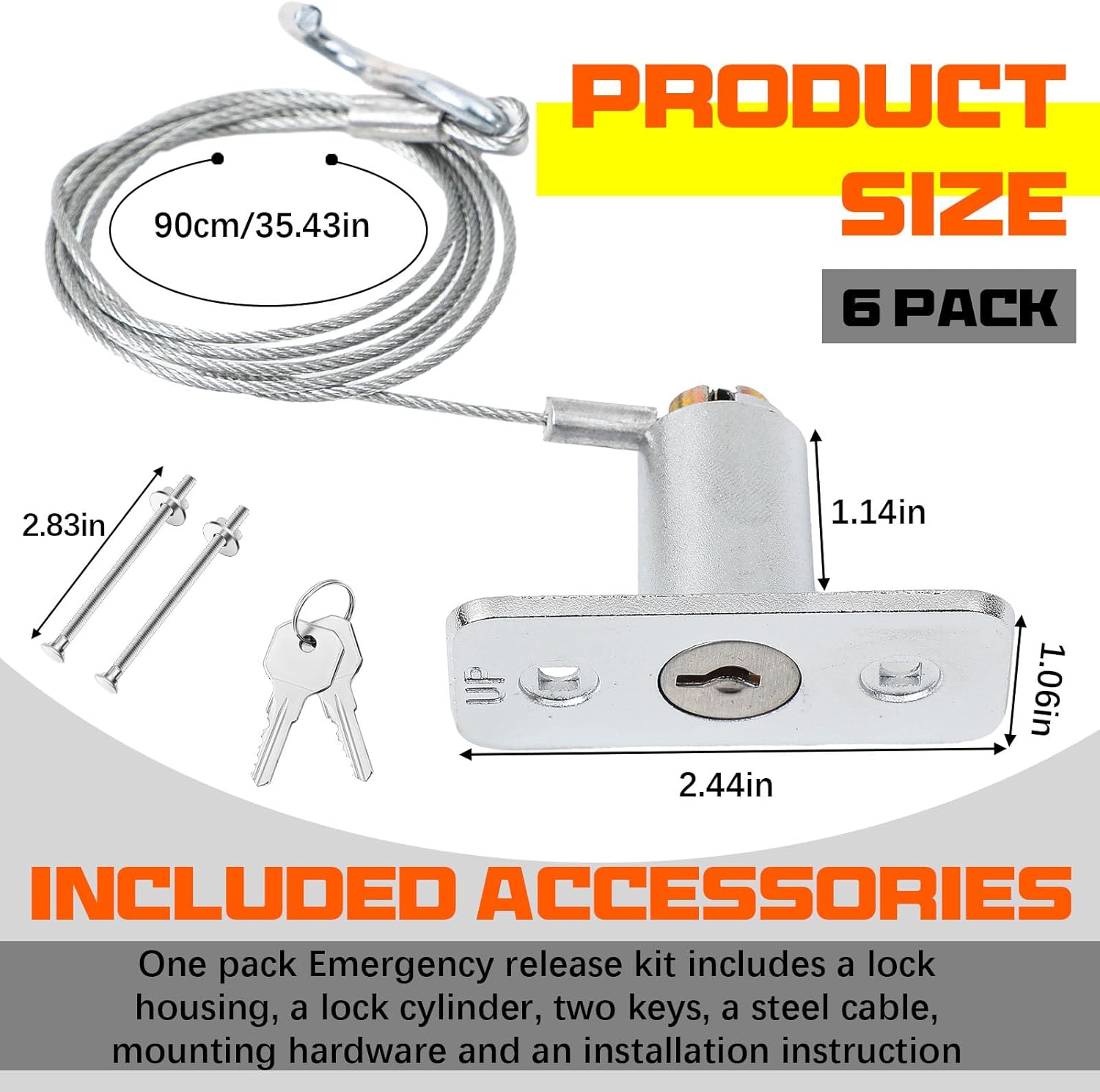 6 Set Garage Door Emergency Key Release Lock Kit with Cable, Universal Manual Opener Emergency Access Lock Cylinder Replacement with Keys and Hardware for Automatic Garage Doors
