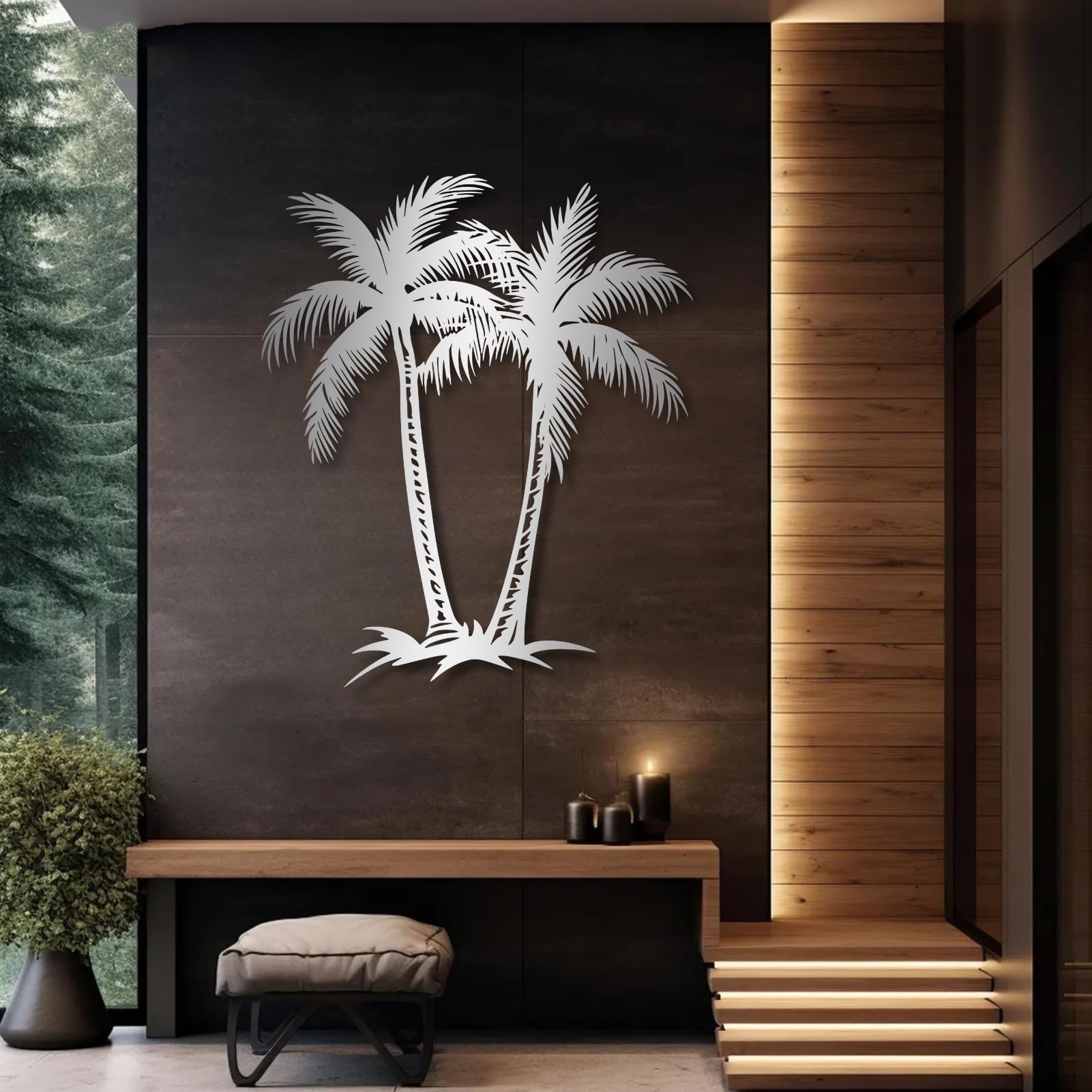 Décoration murale métal palmier anti-corrosion grand format argent 89cm