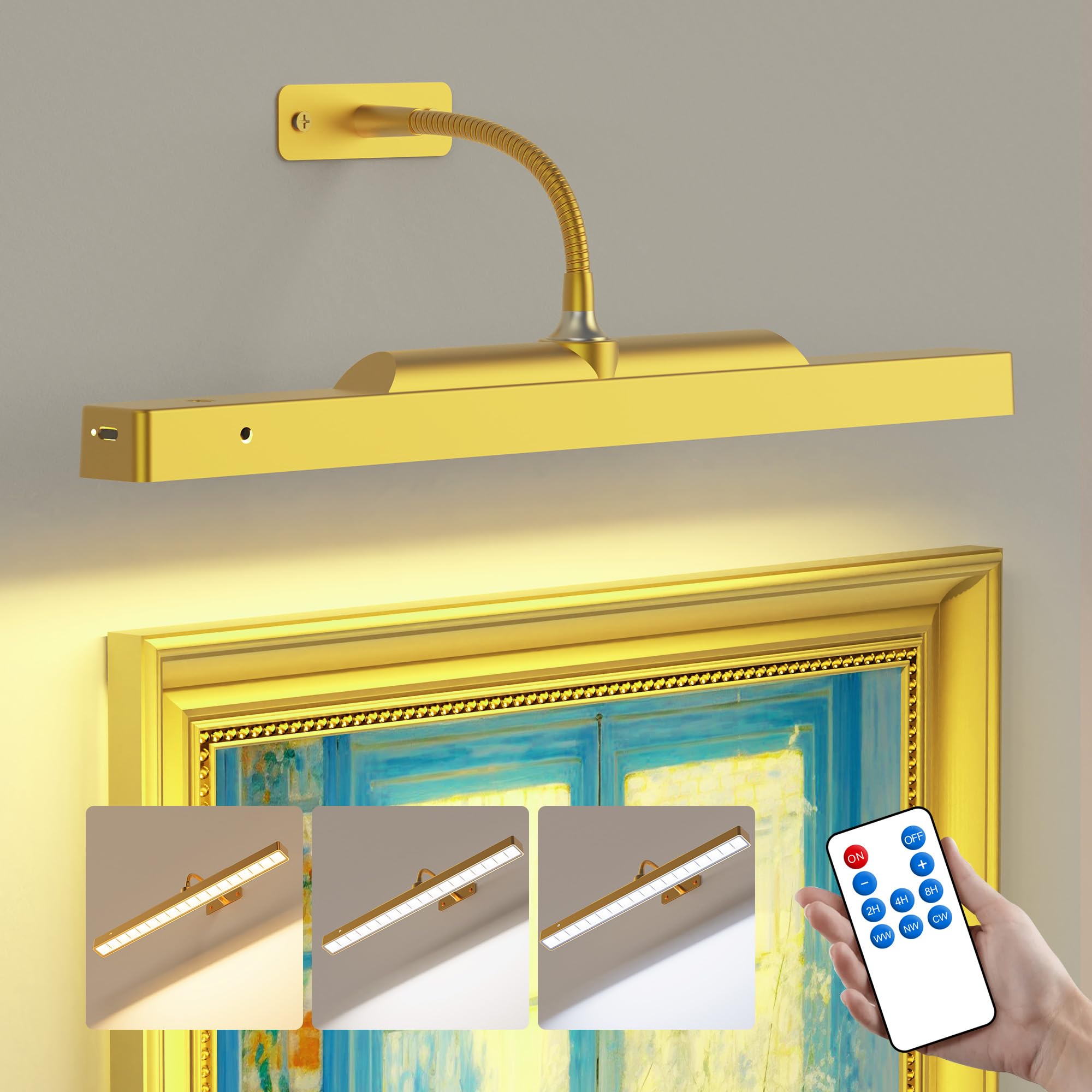 Craftersmark Picture Light Gold, 16in Battery Operated Picture Lights for Paintings,Remote Control Display Art Light with Timer and Dimmable for Wall Painting,Frame, Portrait, Photo,Dartboard