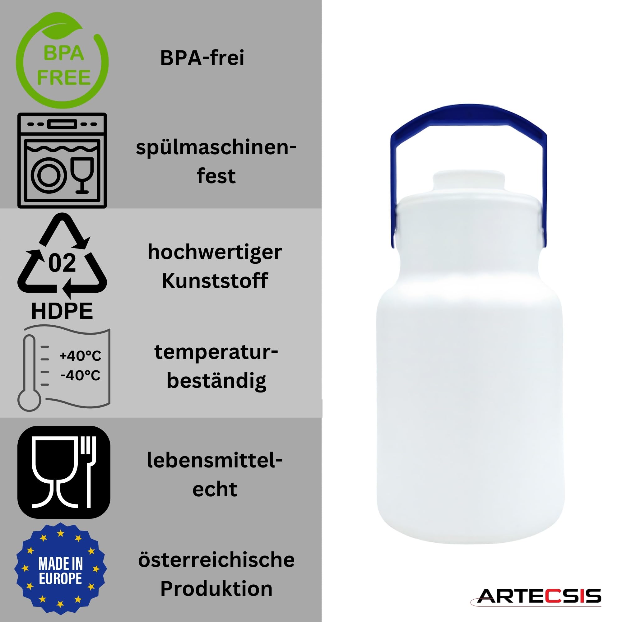 ARTECSIS 2er Set Milchkanne mit Deckel 2L Milchkrug Transportkanne Kunststoff mit Tragegriff